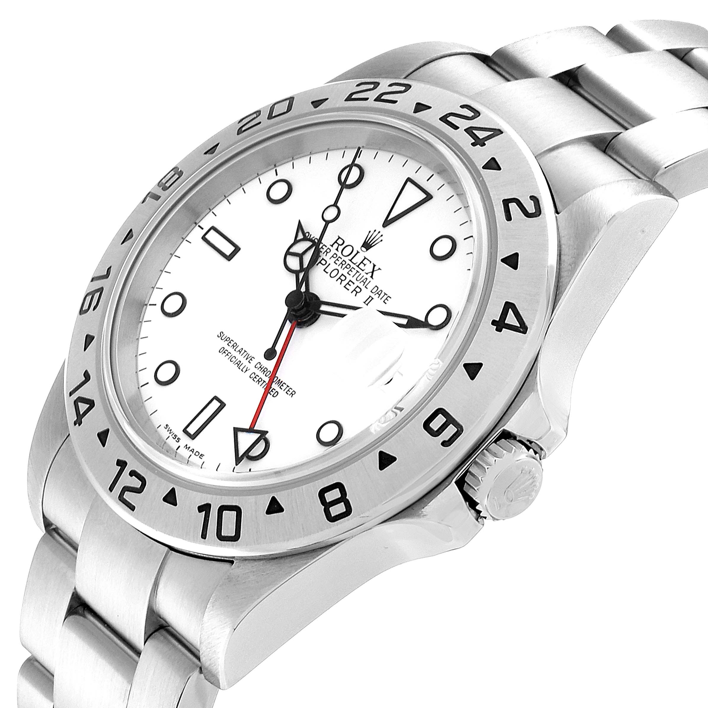 The image shows a side angle of the Rolex Explorer 16570 Men's Stainless Steel White Dial 16570 Men's Stainless Steel White Dial watch, highlighting its bezel, crown, and white dial.