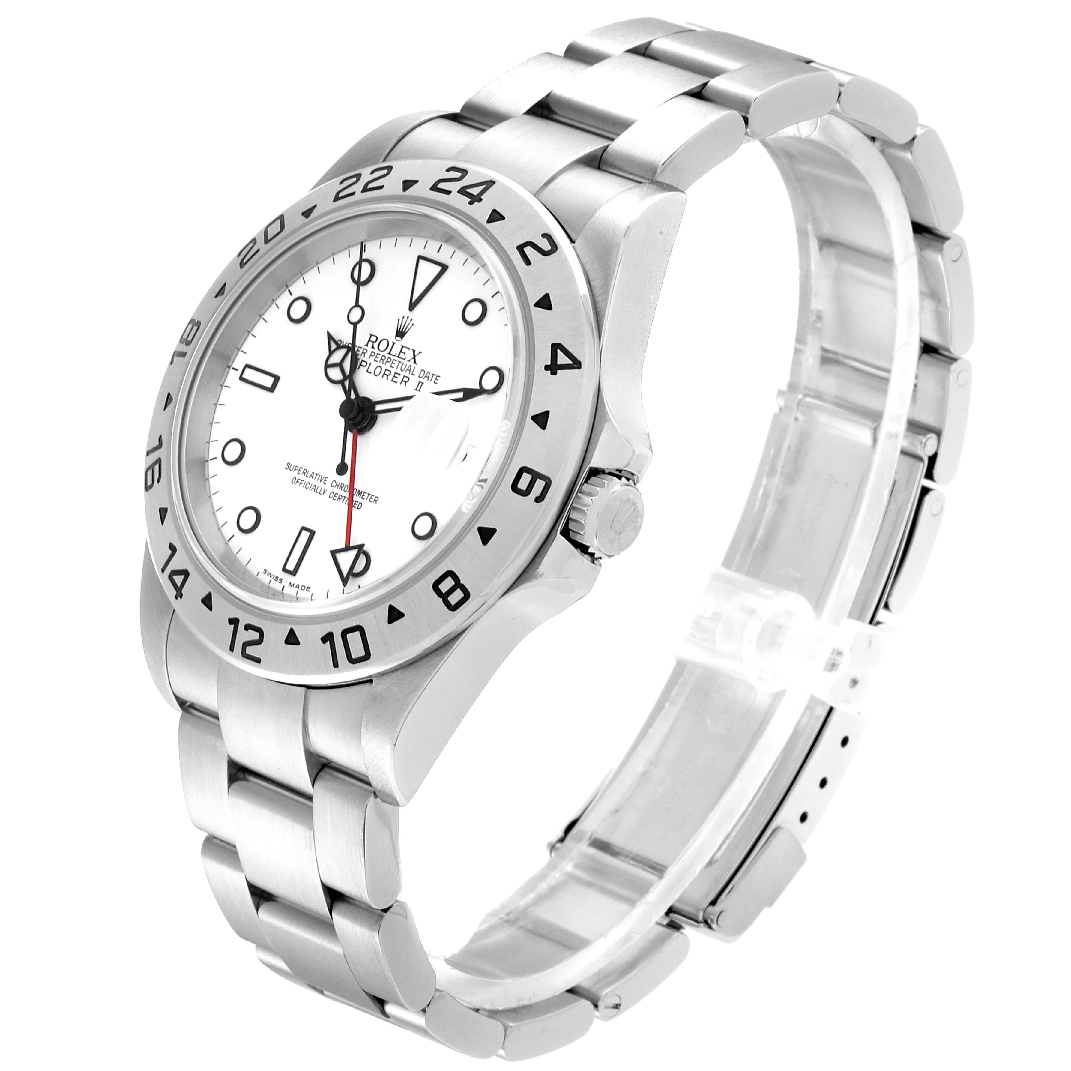 The Rolex Explorer 16570 Men's Stainless Steel White Dial 16570 Men's Stainless Steel White Dial watch is shown at an angled side view, displaying the bracelet, bezel, dial, and crown.