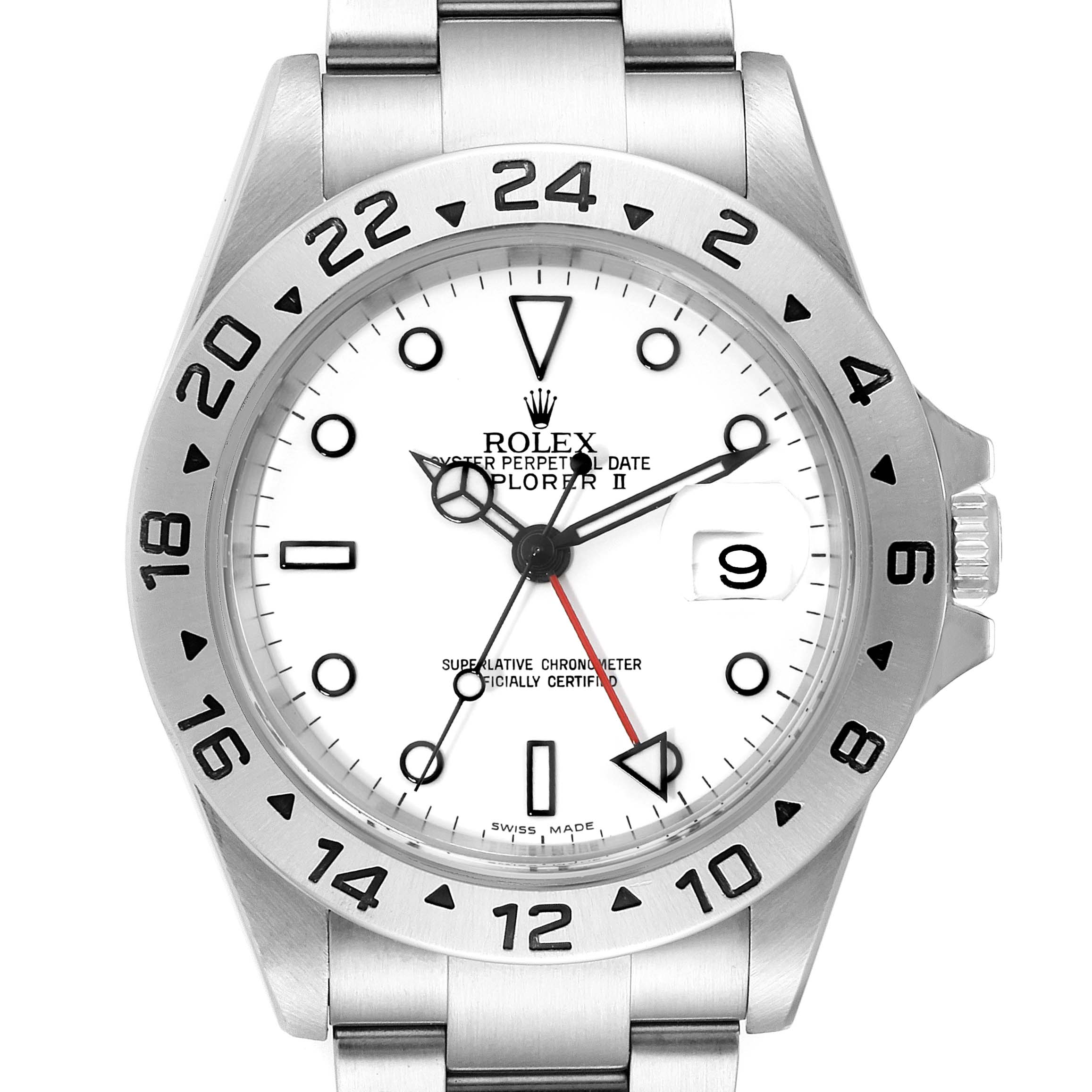 The image shows a front view of the Rolex Explorer 16570 Men's Stainless Steel White Dial 16570 Men's Stainless Steel White Dial watch, highlighting the dial, bezel, and bracelet.