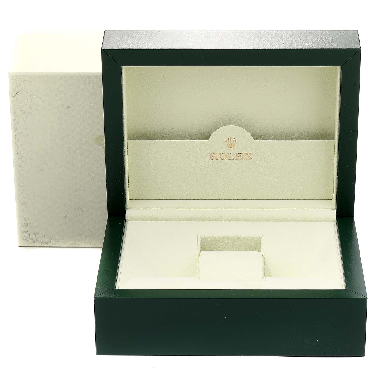 The image shows an open Rolex Explorer 16570 Men's Stainless Steel White Dial 16570 Men's Stainless Steel White Dial watch box with green exterior and cream interior from a front angle.