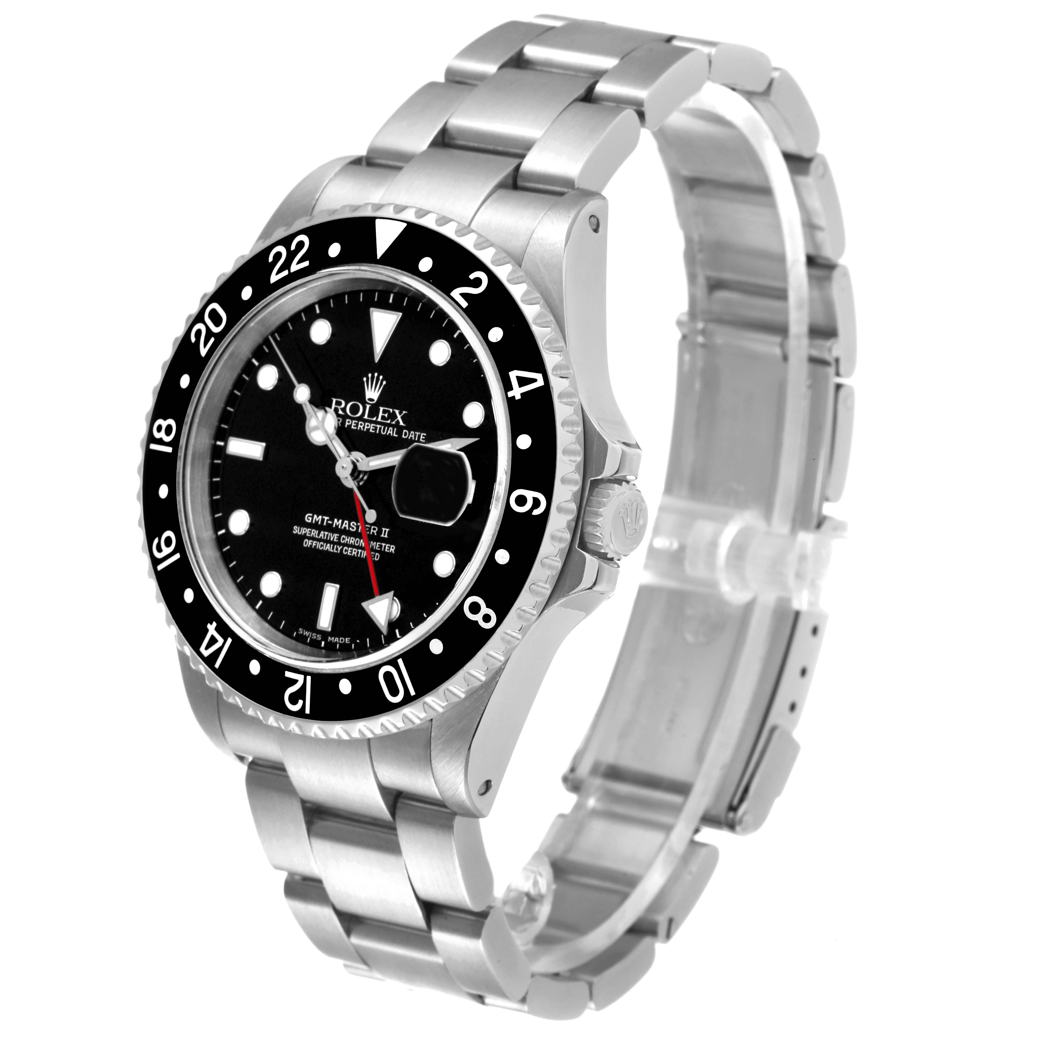 This image shows a Rolex GMT-Master 16710 Men's Stainless Steel Black Dial 16710 Men's Stainless Steel Black Dial II watch at a three-quarter angle, displaying the face, bezel, and metal bracelet.