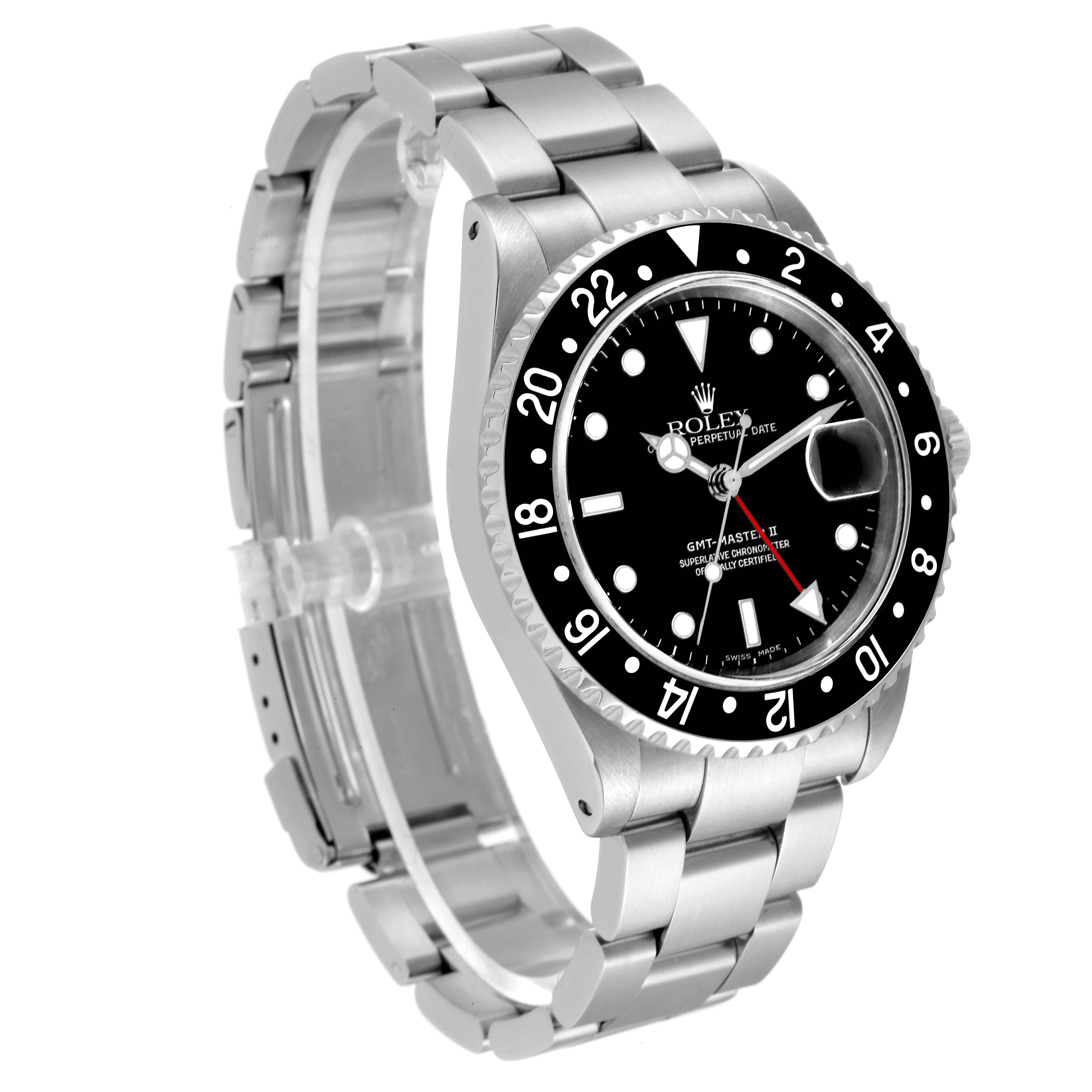 The Rolex GMT-Master 16710 Men's Stainless Steel Black Dial 16710 Men's Stainless Steel Black Dial watch is shown at a three-quarter angle, displaying the face, bezel, case, and bracelet.