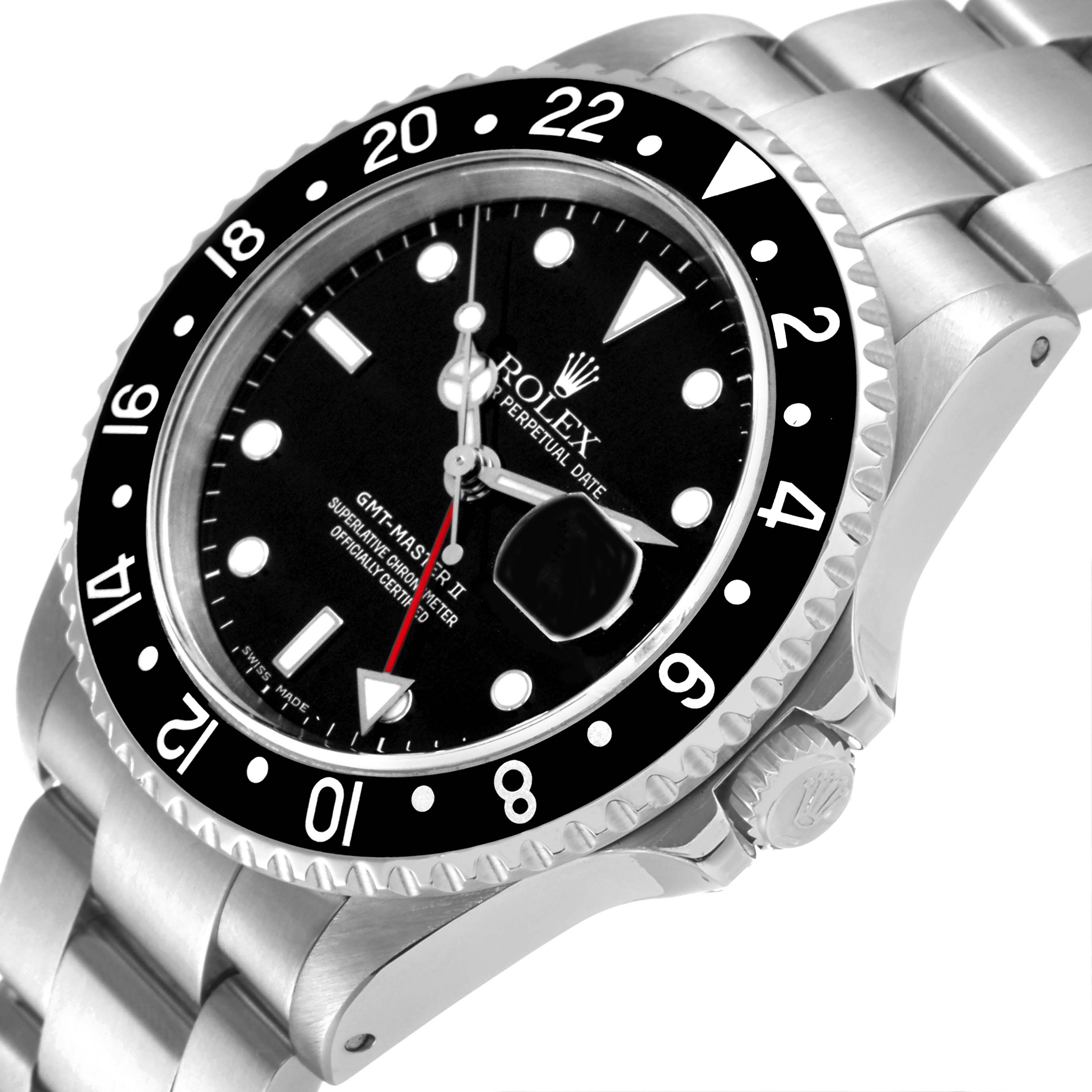 The image shows a Rolex GMT-Master 16710 Men's Stainless Steel Black Dial 16710 Men's Stainless Steel Black Dial watch angled to display its face, bezel, crown, and bracelet.