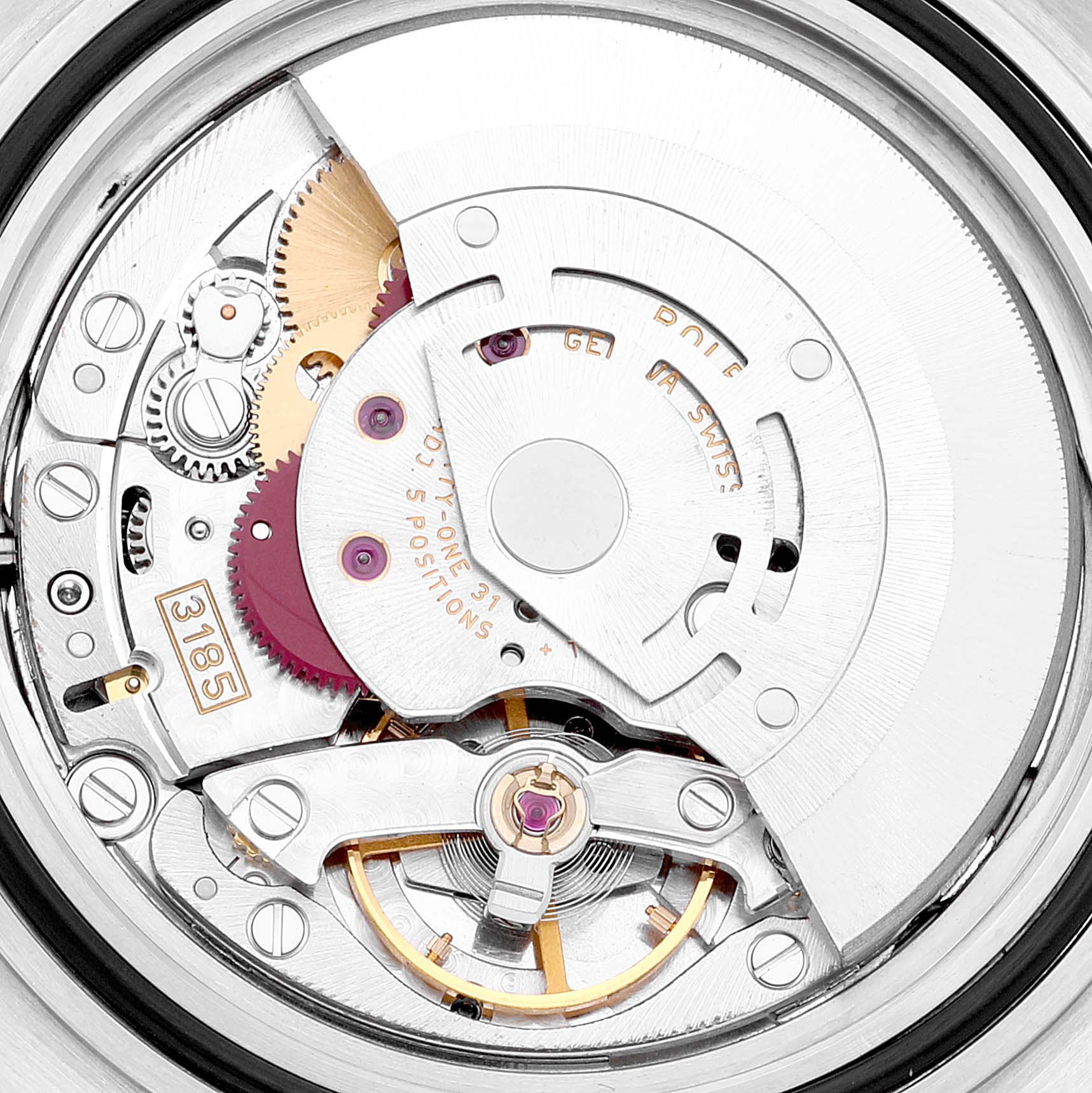 This image shows a close-up of the movement mechanism of the Rolex GMT-Master 16710 Men's Stainless Steel Black Dial 16710 Men's Stainless Steel Black Dial watch.