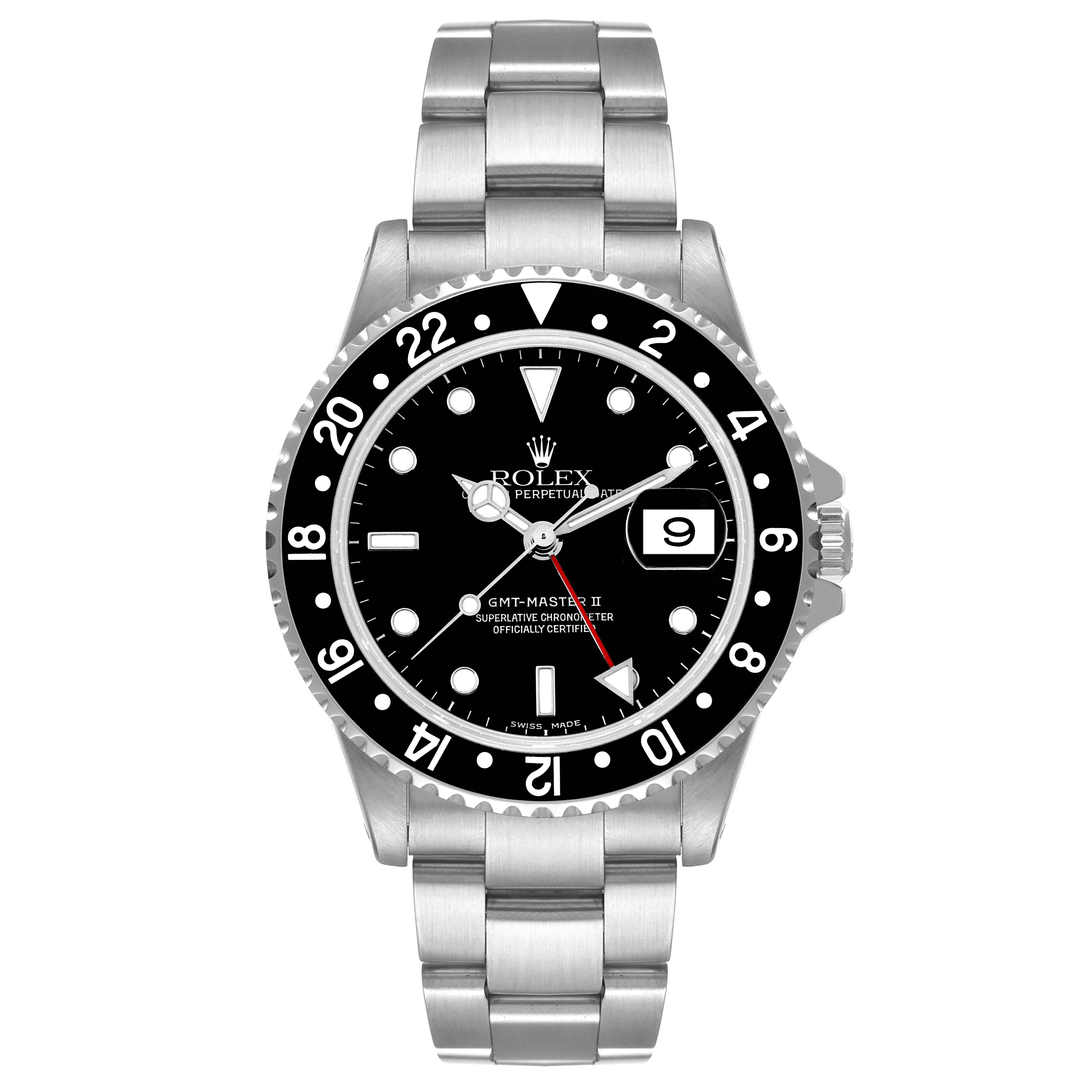 The image shows a front view of the Rolex GMT-Master 16710 Men's Stainless Steel Black Dial 16710 Men's Stainless Steel Black Dial II watch, featuring a black bezel, black dial, and stainless steel bracelet.