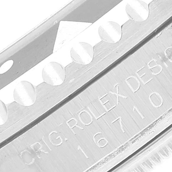 This image shows a close-up angle of the bezel and case side of the Rolex GMT-Master 16710 Men's Stainless Steel Black Dial 16710 Men's Stainless Steel Black Dial, highlighting the design and model number.