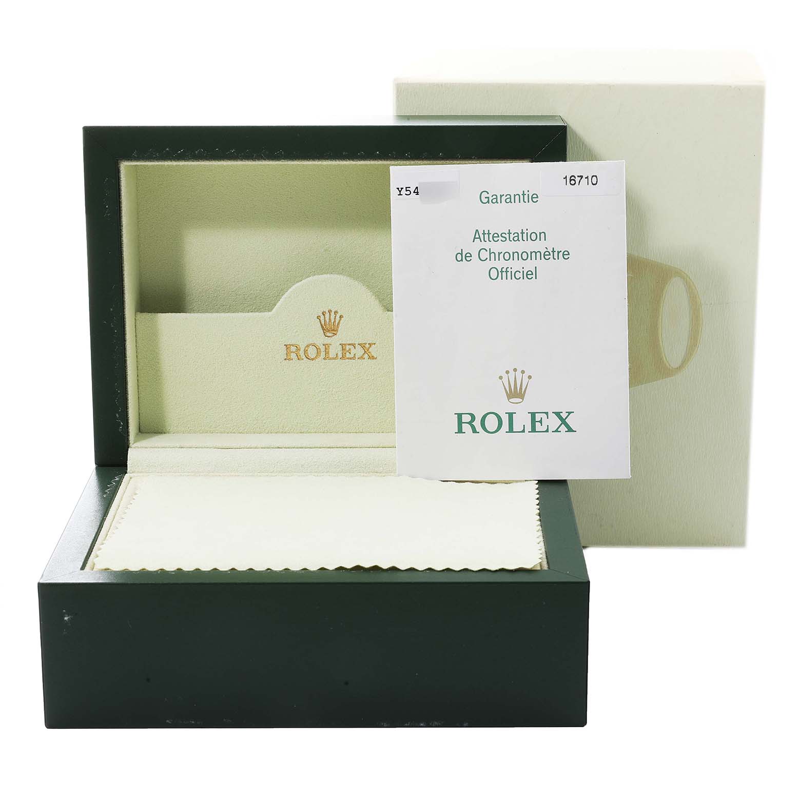The image shows a Rolex GMT-Master 16710 Men's Stainless Steel Black Dial 16710 Men's Stainless Steel Black Dial watch box, its internal cushion, and the official certification card.