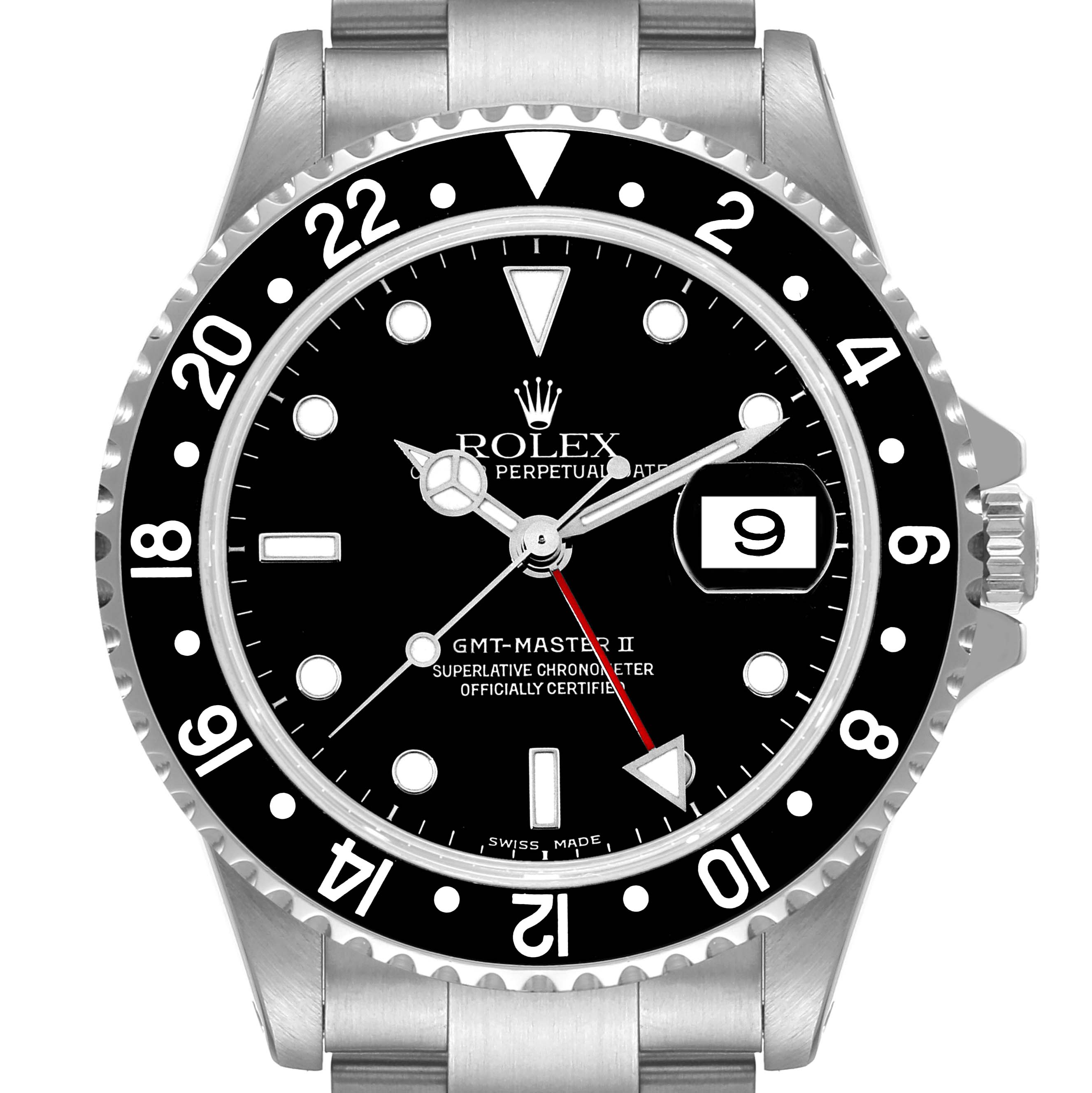 This image shows a front view of a Rolex GMT-Master 16710 Men's Stainless Steel Black Dial 16710 Men's Stainless Steel Black Dial II watch, displaying the dial, bezel, and part of the bracelet.