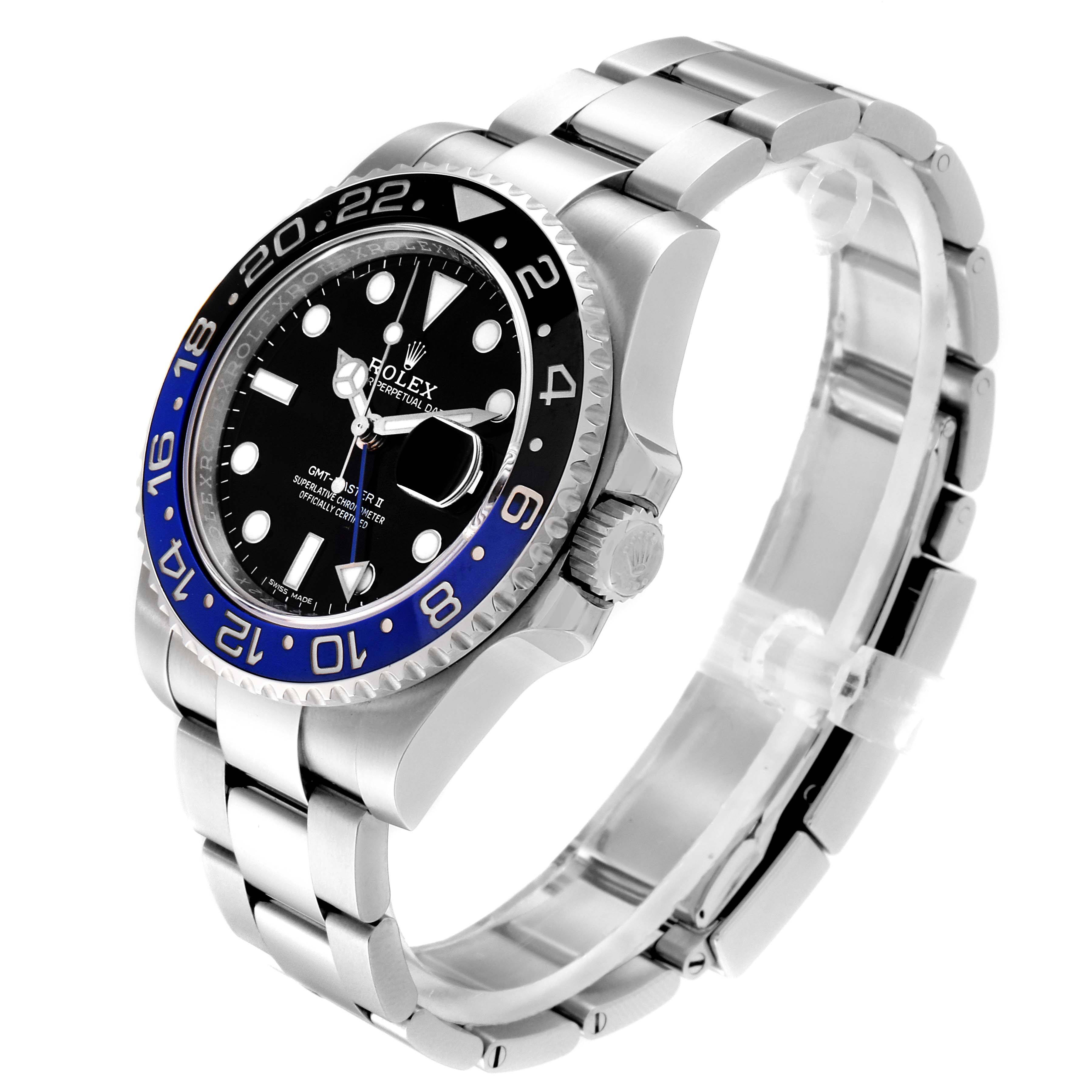 This image shows the front and right side of a Rolex GMT-Master 116710 Men's Stainless Steel Black Dial 116710 Men's Stainless Steel Black Dial watch, highlighting its bezel, dial, crown, and bracelet.