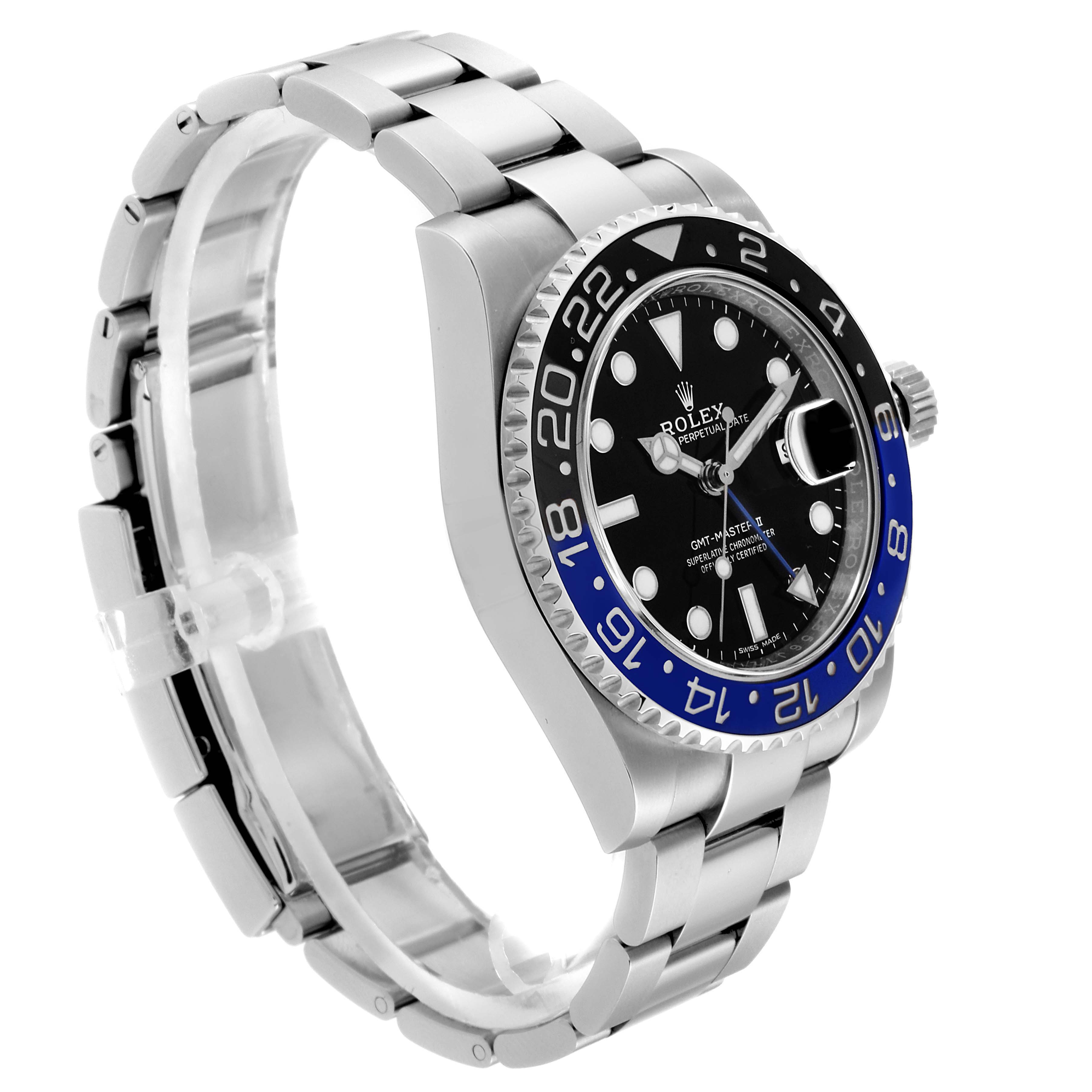 The Rolex GMT-Master 116710 Men's Stainless Steel Black Dial 116710 Men's Stainless Steel Black Dial watch is shown from an angled side view, highlighting the bezel, dial, and bracelet.