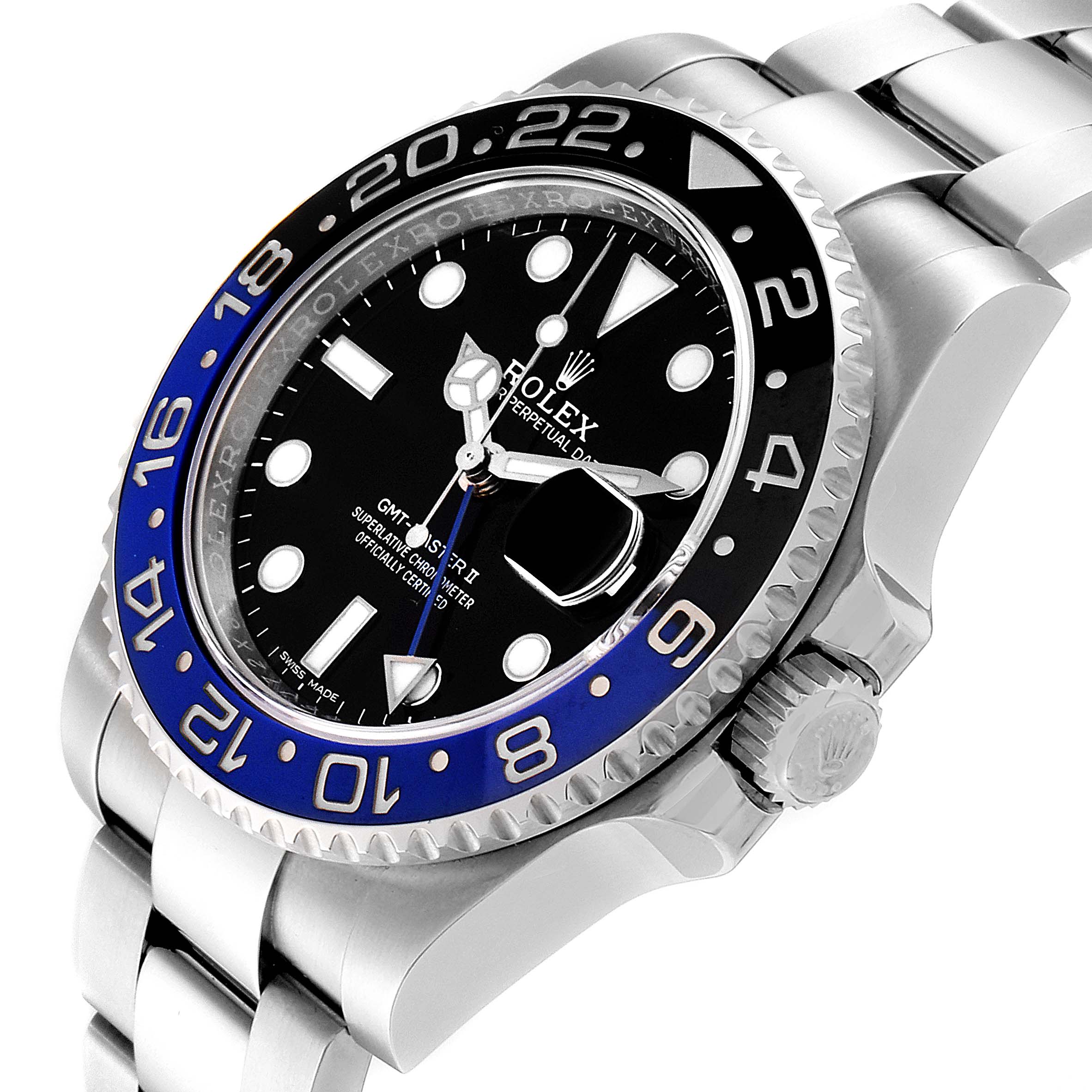 The image shows a close-up of the Rolex GMT-Master 116710 Men's Stainless Steel Black Dial 116710 Men's Stainless Steel Black Dial II watch, focusing on the face, bezel, crown, and part of the bracelet.