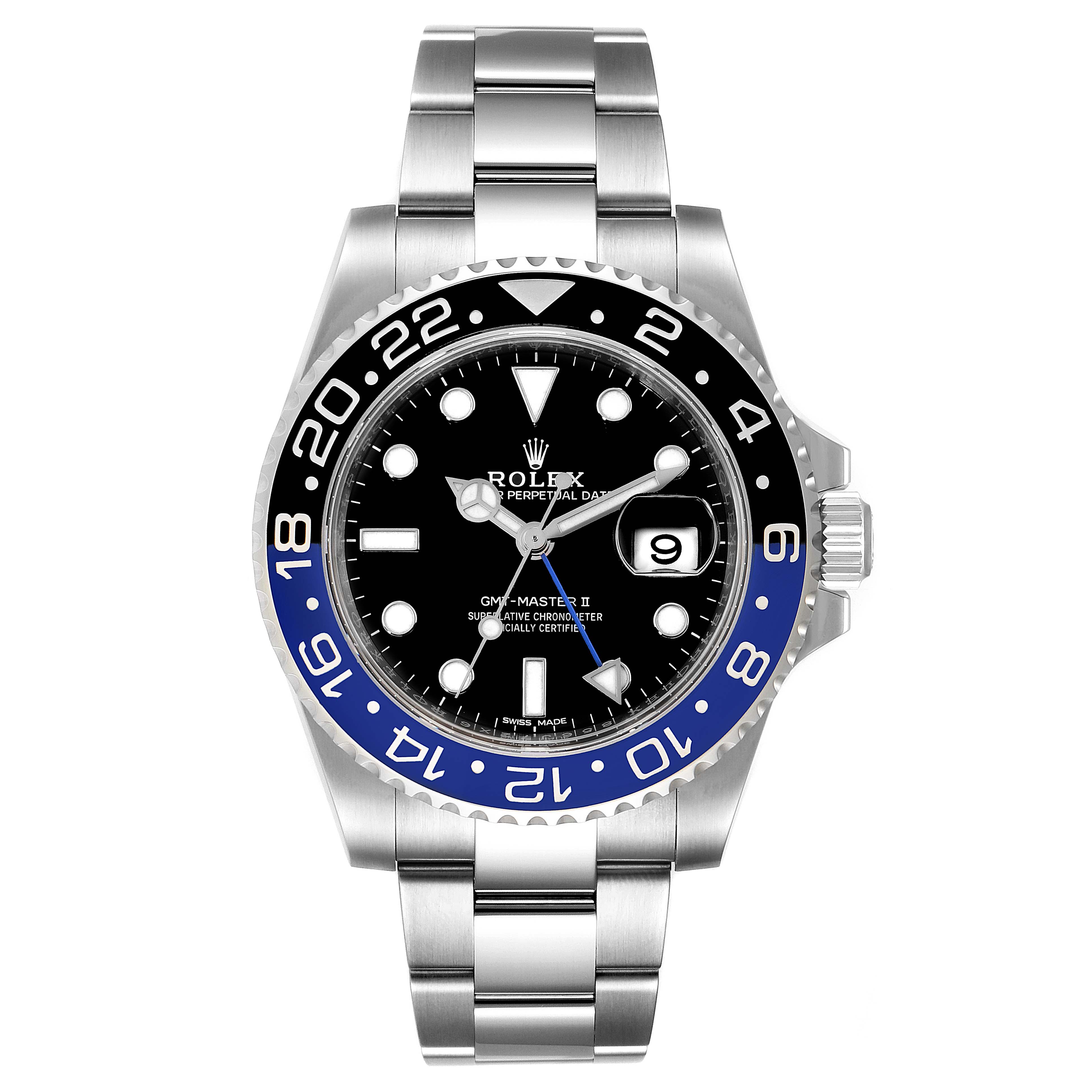 The image shows a front view of a Rolex GMT-Master 116710 Men's Stainless Steel Black Dial 116710 Men's Stainless Steel Black Dial II watch, displaying the dial, bezel, and bracelet.