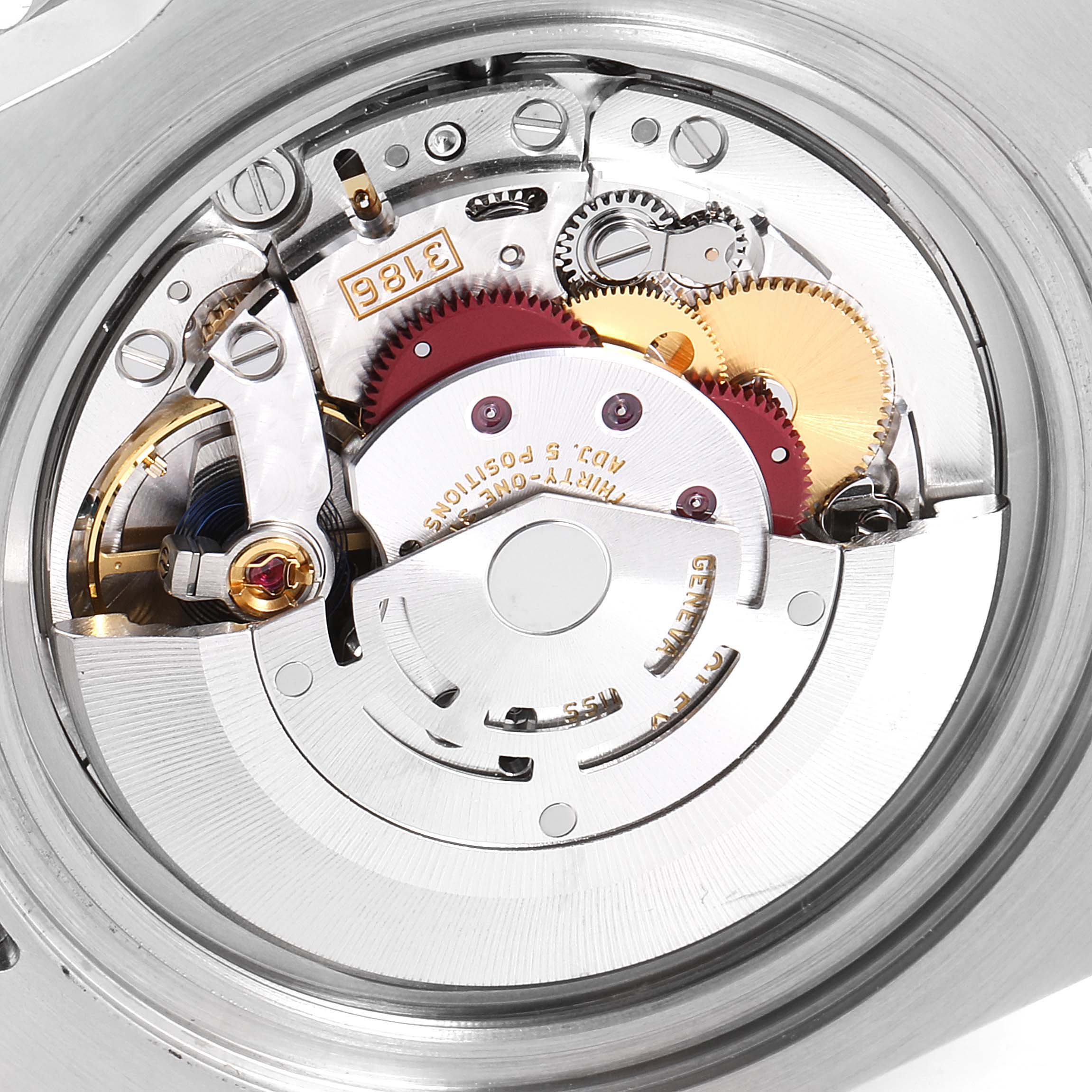 This image shows the movement mechanism of the Rolex GMT-Master 116710 Men's Stainless Steel Black Dial 116710 Men's Stainless Steel Black Dial watch from a back angle, highlighting its intricate gears and components.