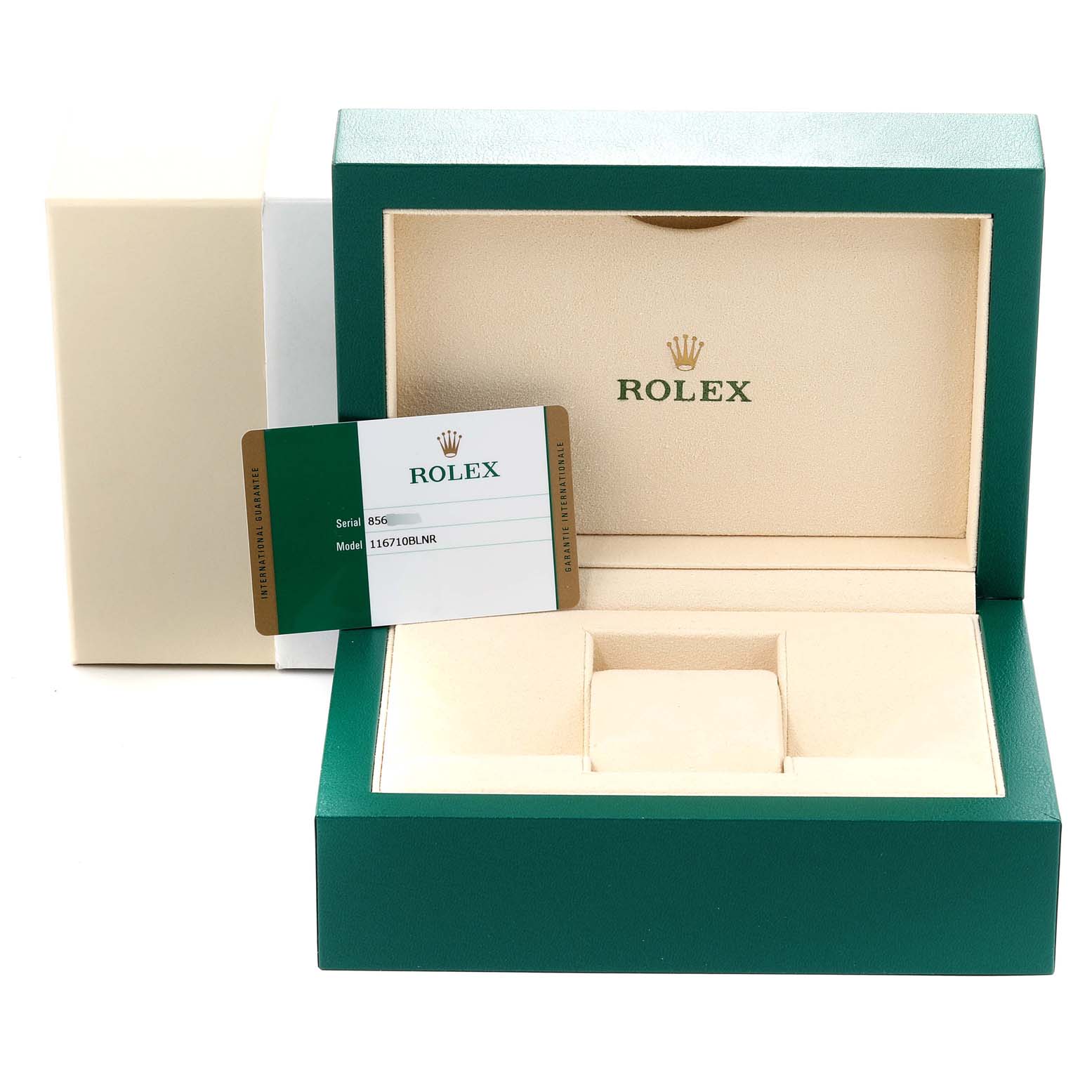 This image shows an open Rolex GMT-Master 116710 Men's Stainless Steel Black Dial 116710 Men's Stainless Steel Black Dial watch box with a warranty card placed inside.