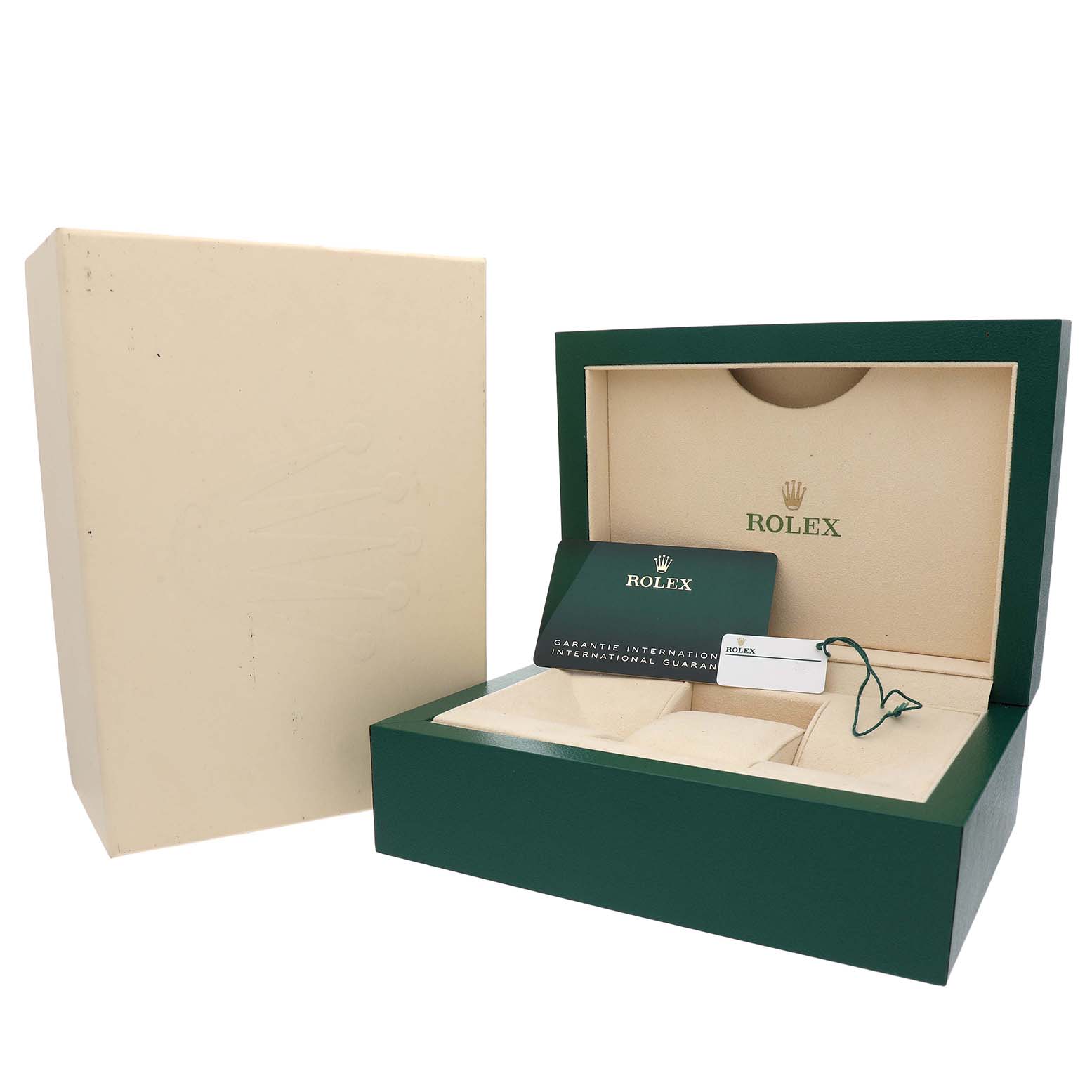 The image shows a green Rolex GMT-Master 126713GRNR Men's Steel and Gold (two tone) Black Dial box with warranty card and tag, angled slightly from the front.