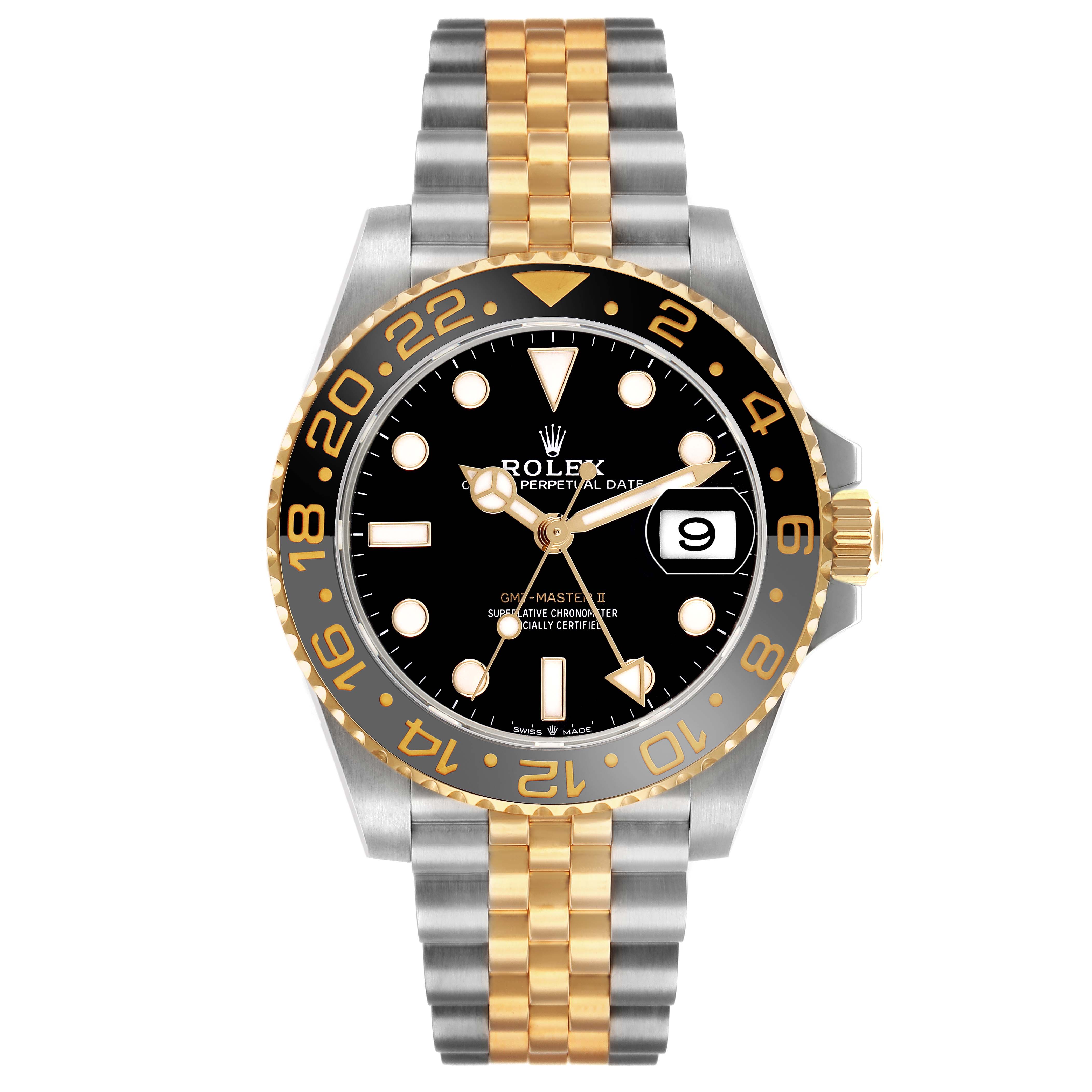 The Rolex GMT-Master 126713GRNR Men's Steel and Gold (two tone) Black Dial watch is shown from a top-down angle, highlighting its bezel, dial, hands, and bracelet.