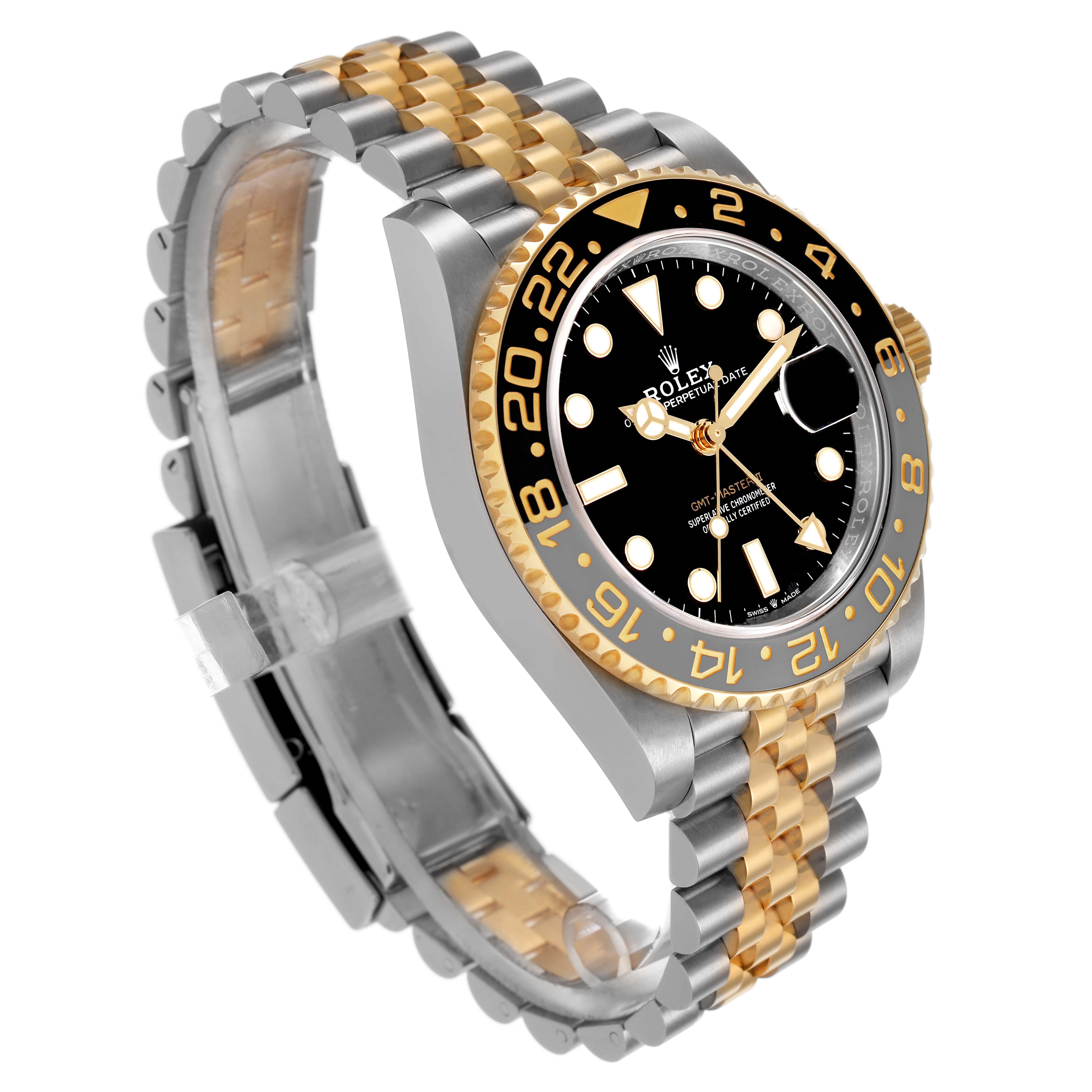 The Rolex GMT-Master 126713GRNR Men's Steel and Gold (two tone) Black Dial is shown at a three-quarter angle, highlighting the two-tone bracelet and bezel.