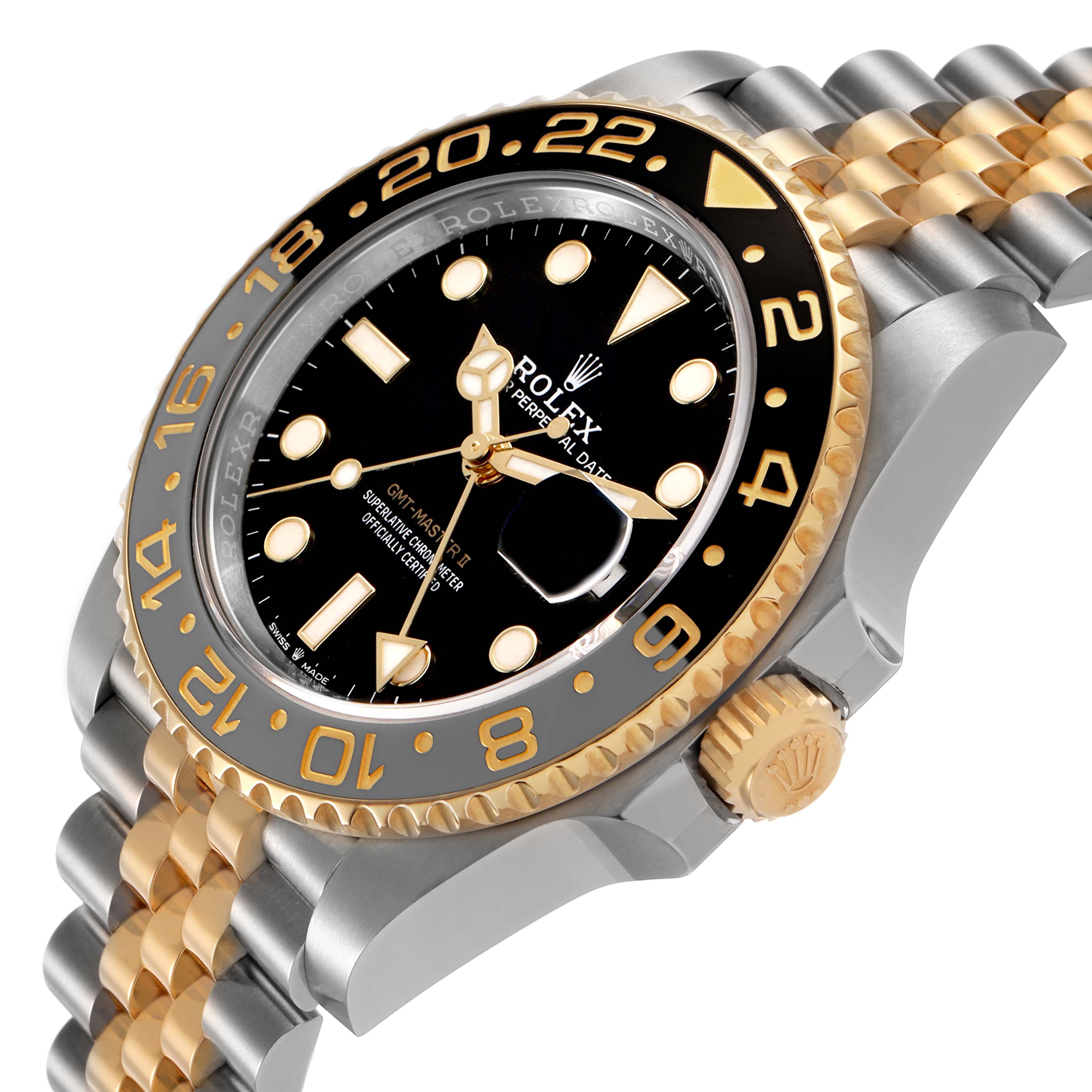 The Rolex GMT-Master 126713GRNR Men's Steel and Gold (two tone) Black Dial watch is shown at an angled view, highlighting the bezel, dial, crown, and part of the bracelet.