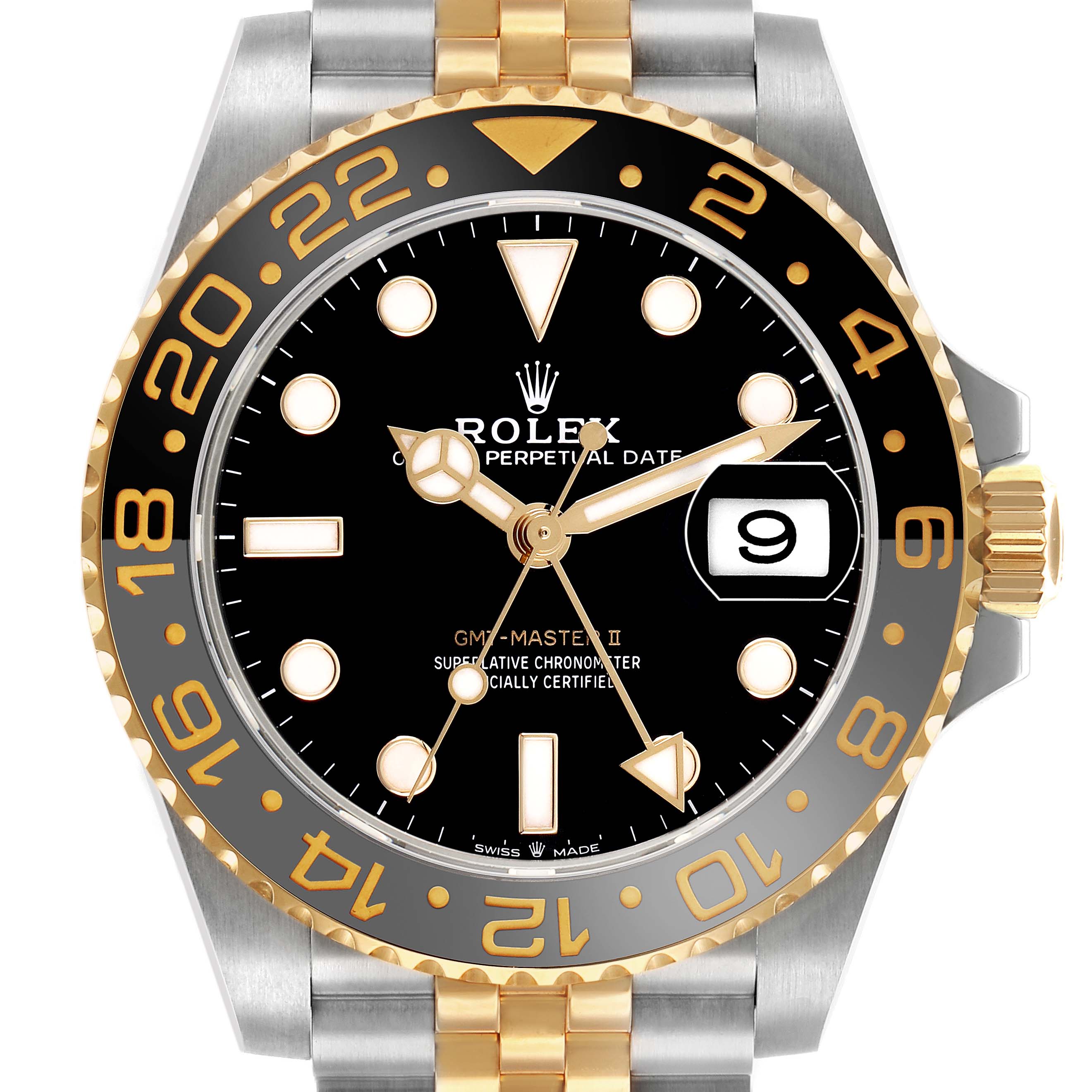 The Rolex GMT-Master 126713GRNR Men's Steel and Gold (two tone) Black Dial II watch is shown from the front, highlighting its bezel, dial, hands, and crown.
