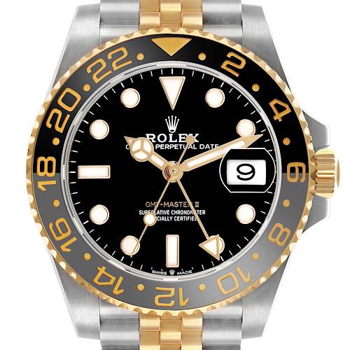The Rolex GMT-Master 126713GRNR Men's Steel and Gold (two tone) Black Dial II watch is shown from the front, featuring its bezel, face, and part of the bracelet and crown.