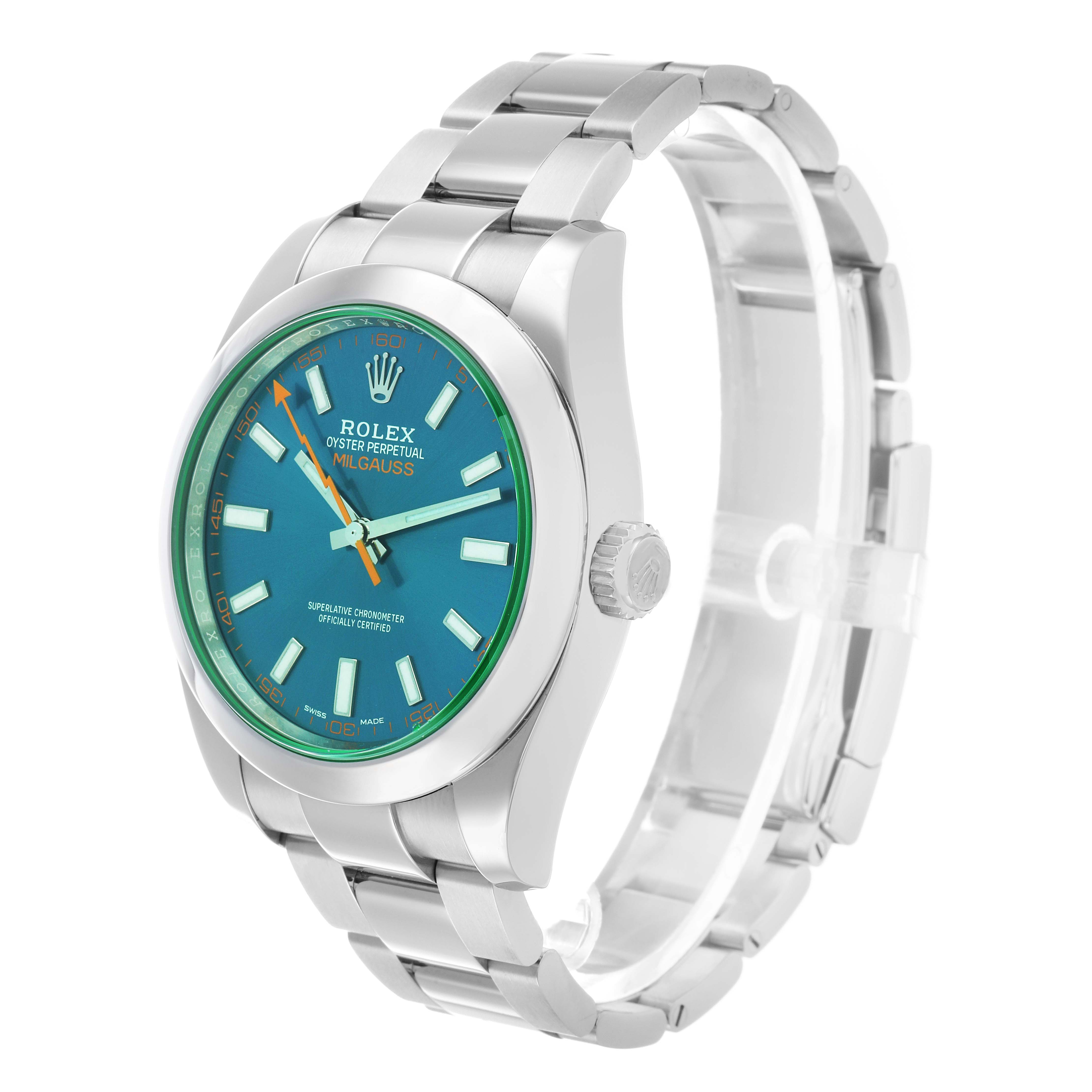 The Rolex Milgauss 116400 Men's Stainless Steel Blue Dial watch is shown at a three-quarter angle, displaying the dial, case, bracelet, and crown.