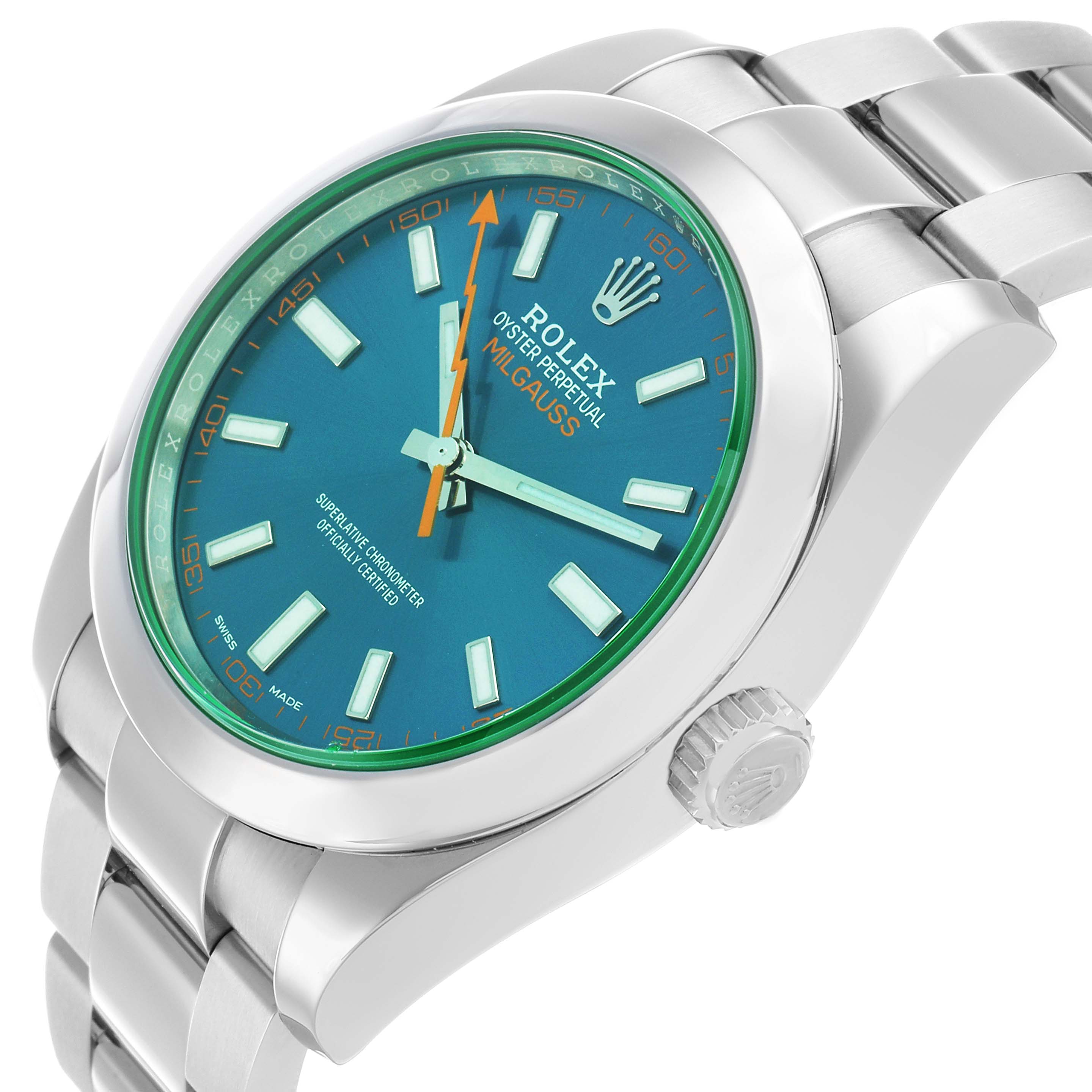 The Rolex Milgauss 116400 Men's Stainless Steel Blue Dial watch is shown at a slight angle, displaying the face, side crown, and part of the bracelet.