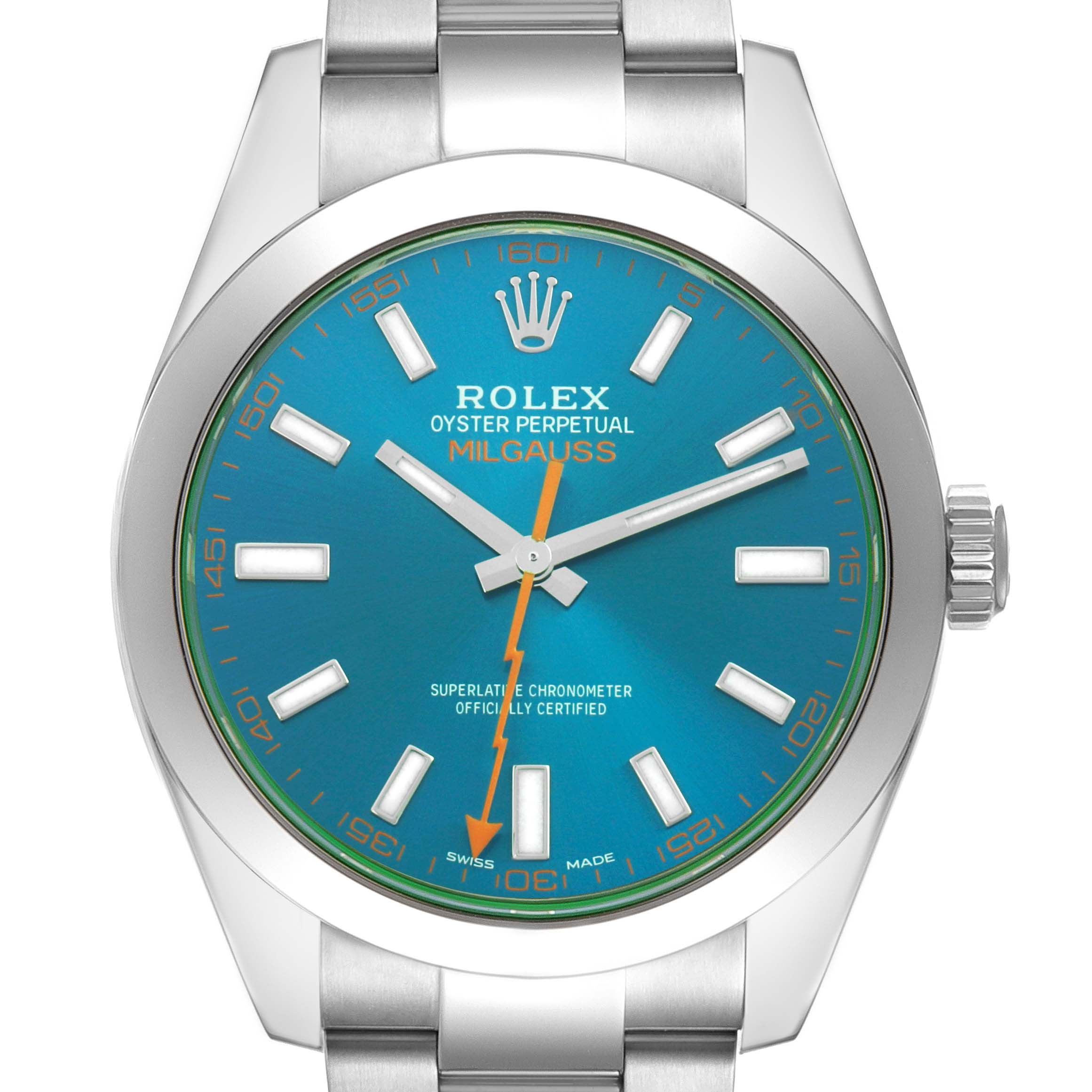 The Rolex Milgauss 116400 Men's Stainless Steel Blue Dial watch is shown from a front angle, displaying the dial, hands, bezel, crown, and part of the bracelet.