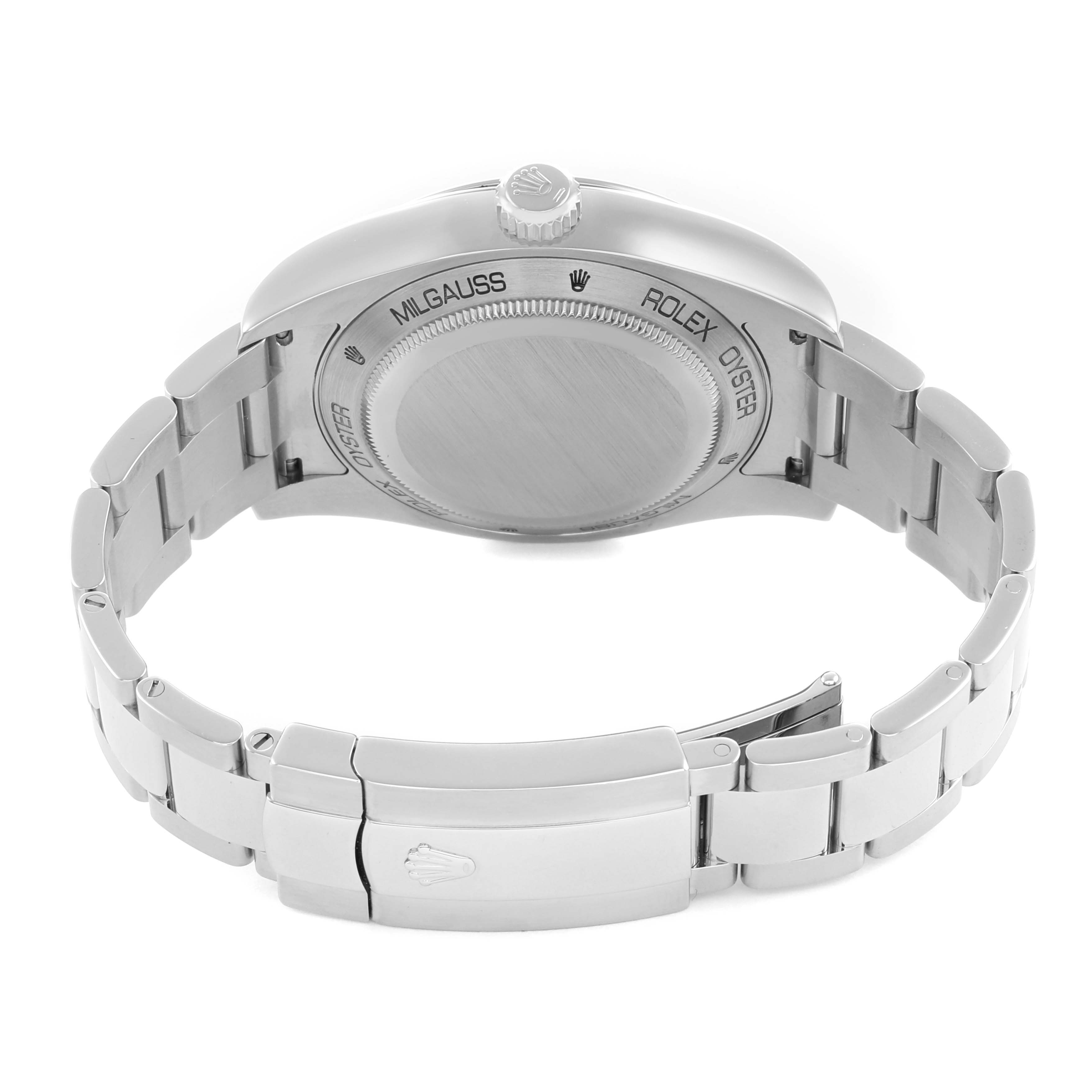 The image shows the back of the Rolex Milgauss 116400 Men's Stainless Steel Blue Dial watch, highlighting the case back, bracelet, and clasp.