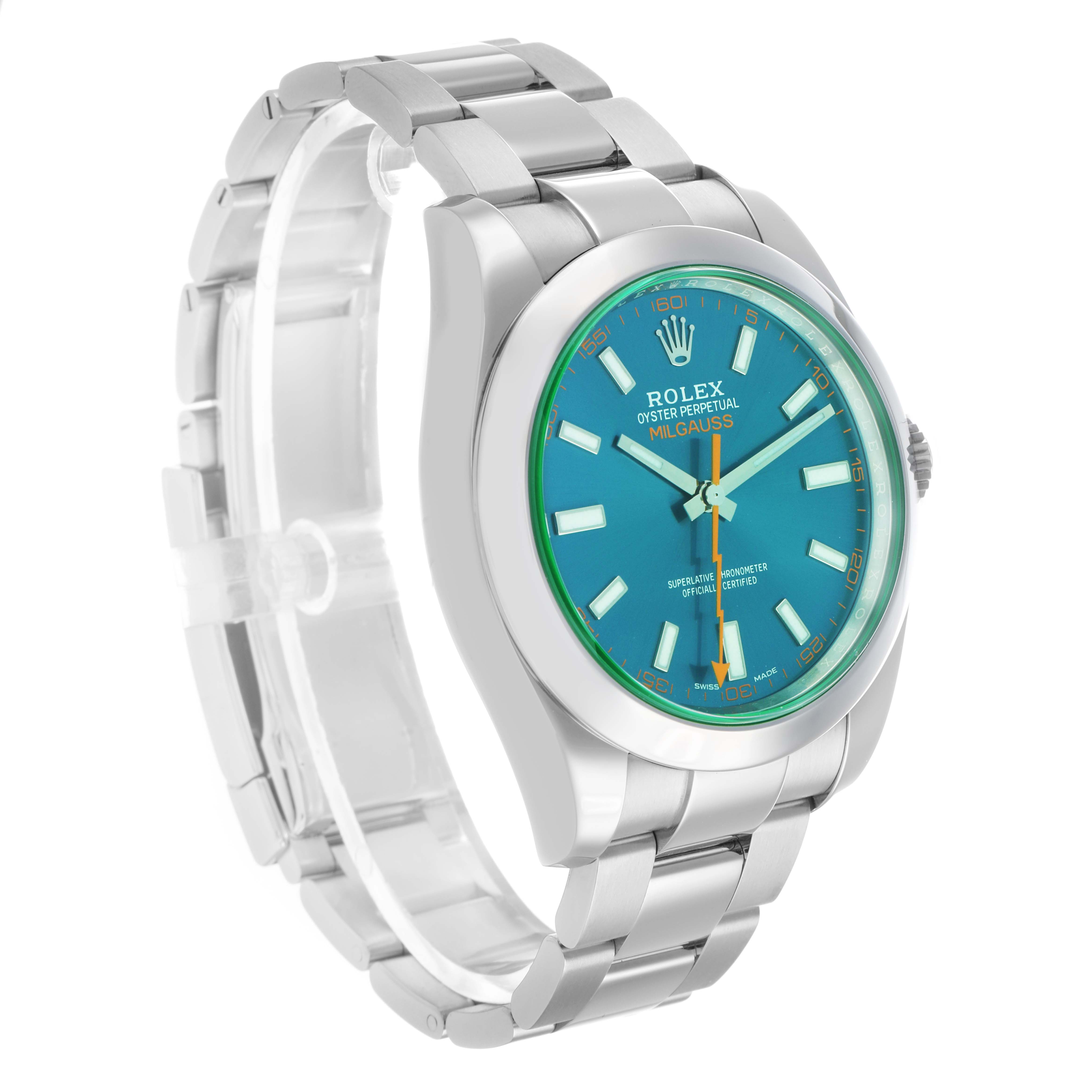 The Rolex Milgauss 116400 Men's Stainless Steel Blue Dial watch is shown from a three-quarter angle, highlighting the face, bezel, and bracelet.