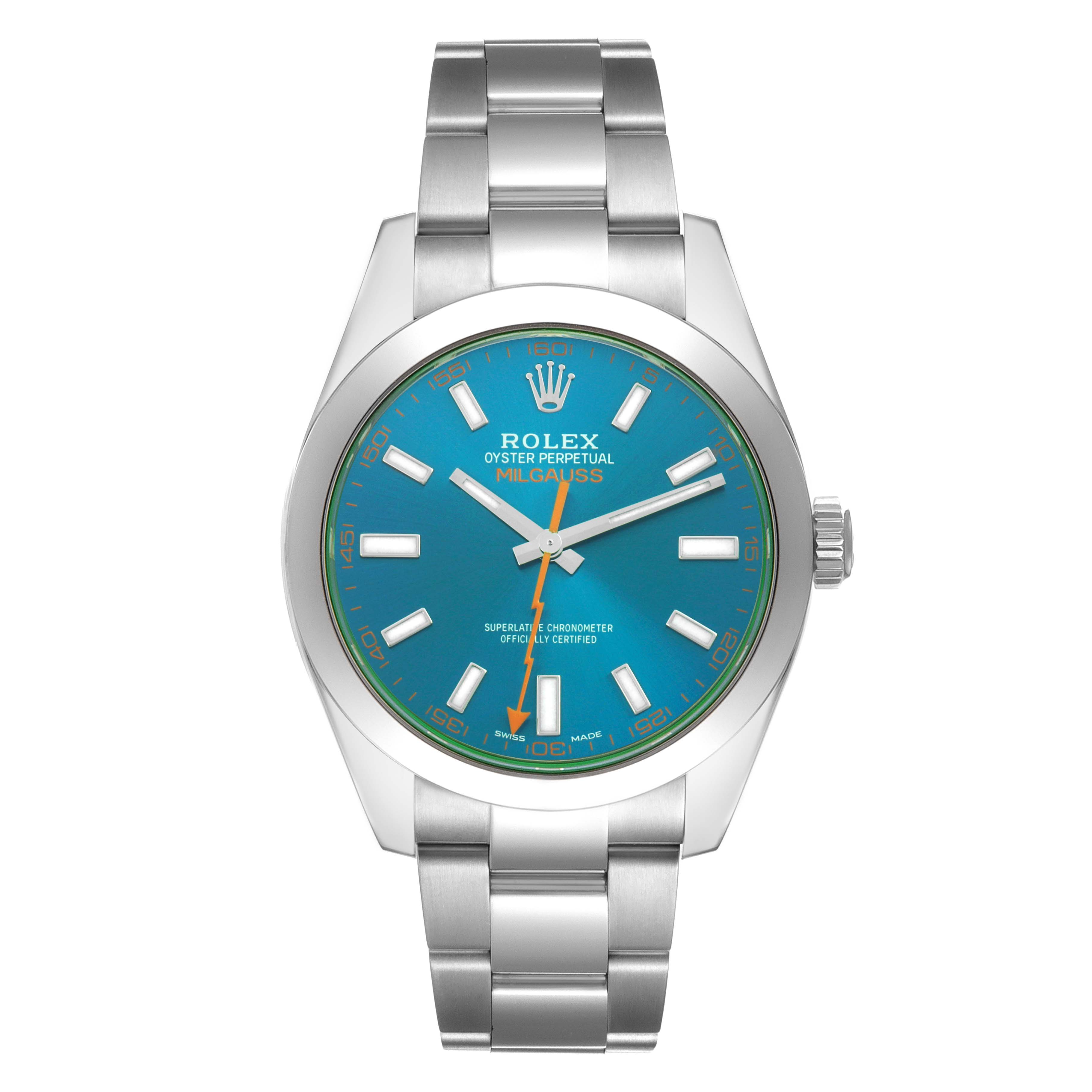 The Rolex Milgauss 116400 Men's Stainless Steel Blue Dial watch is shown from the front, displaying its blue dial, bracelet, and case.