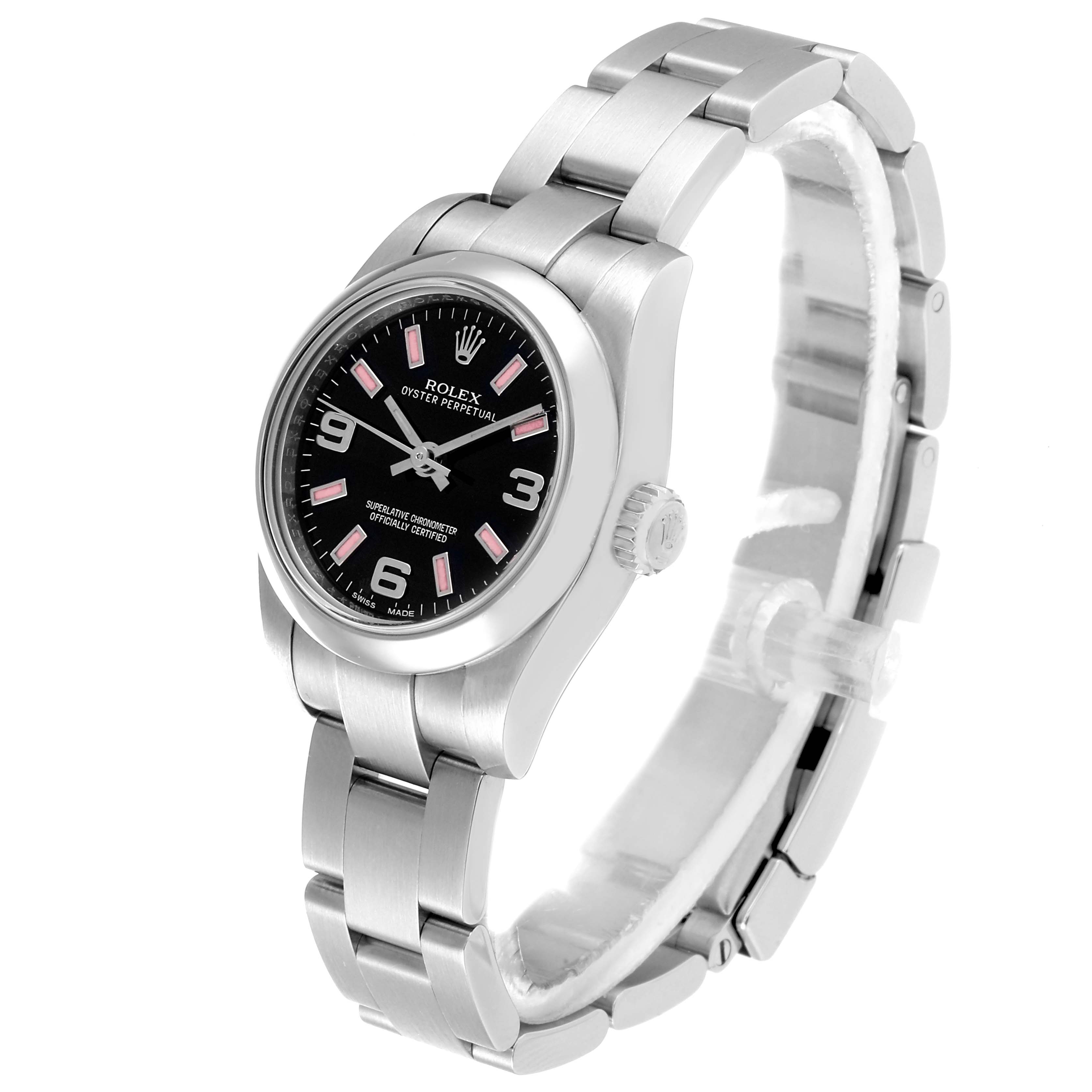 The Rolex Oyster Perpetual 176200 Women's Stainless Steel Black Dial 176200 Women's Stainless Steel Black Dial watch is shown at an angled side view, displaying the dial, bezel, crown, and bracelet.