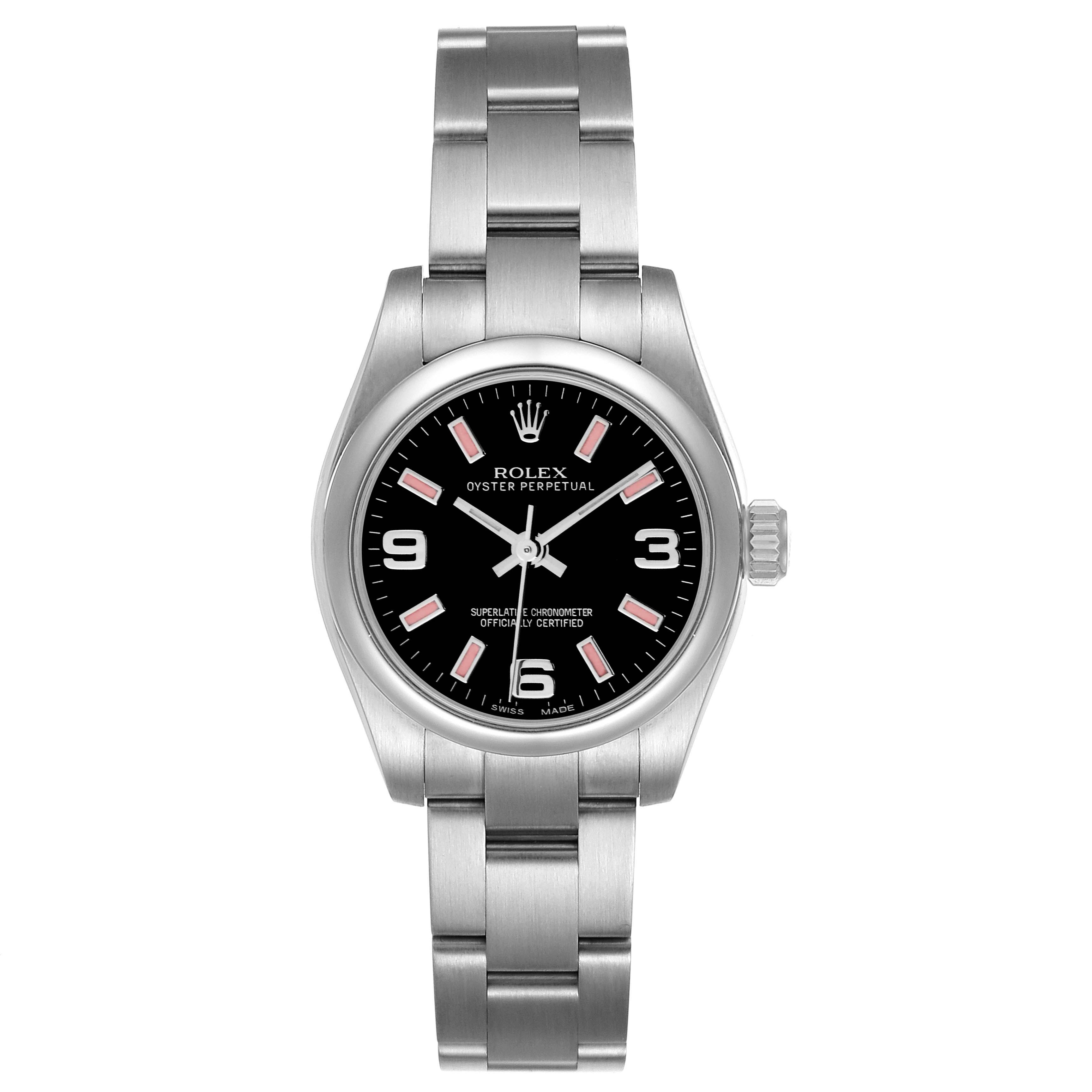 The image shows a front view of a Rolex Oyster Perpetual 176200 Women's Stainless Steel Black Dial 176200 Women's Stainless Steel Black Dial watch, highlighting its black dial, stainless steel case, and bracelet.