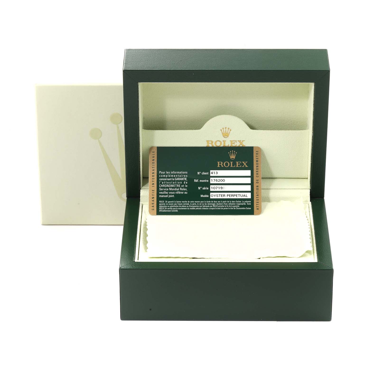 The image shows a Rolex Oyster Perpetual 176200 Women's Stainless Steel Black Dial 176200 Women's Stainless Steel Black Dial watch box and warranty card, viewed from the front.