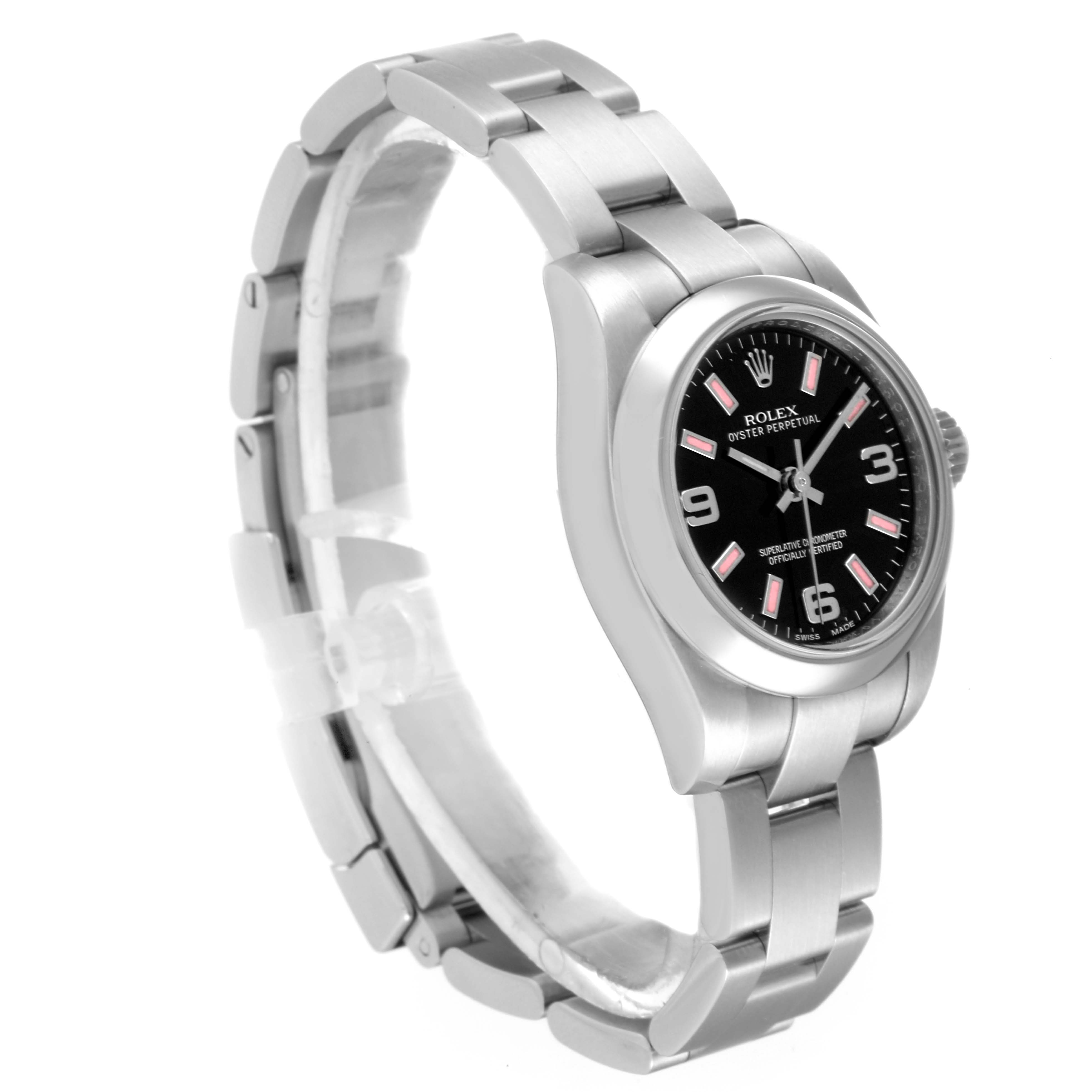 This image shows a Rolex Oyster Perpetual 176200 Women's Stainless Steel Black Dial 176200 Women's Stainless Steel Black Dial watch at a slight angle, highlighting its bracelet, bezel, and dial.