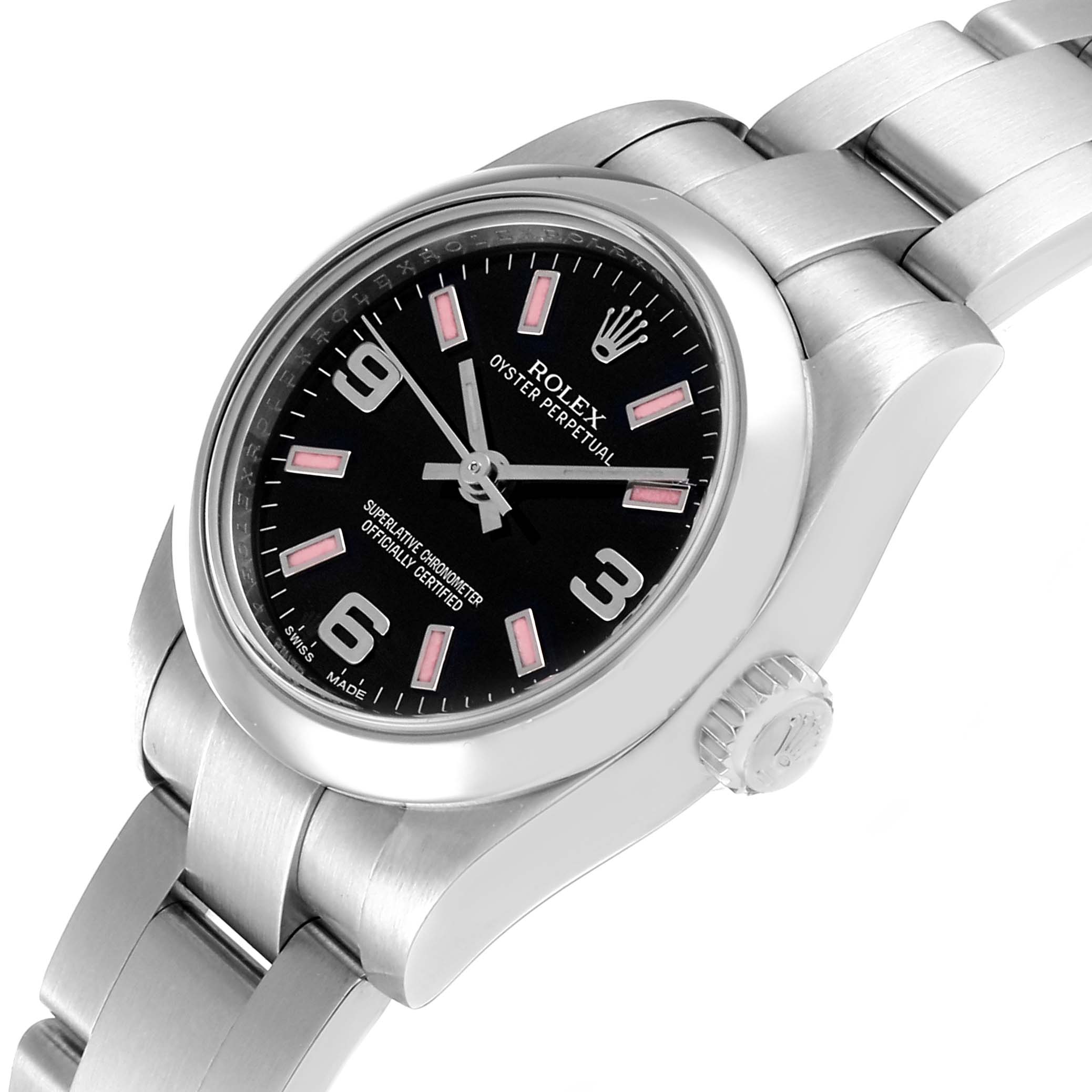 This image shows a close-up side angle of a Rolex Oyster Perpetual 176200 Women's Stainless Steel Black Dial 176200 Women's Stainless Steel Black Dial watch, highlighting the dial, case, crown, and part of the bracelet.