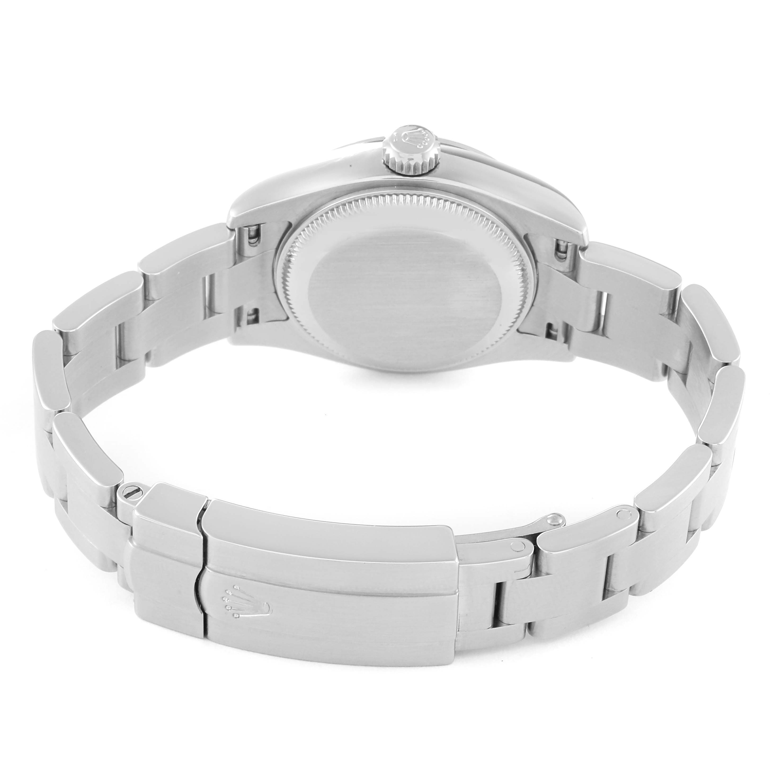 This image shows the back view of a Rolex Oyster Perpetual 176200 Women's Stainless Steel Black Dial 176200 Women's Stainless Steel Black Dial watch, highlighting the case back and bracelet with the clasp.