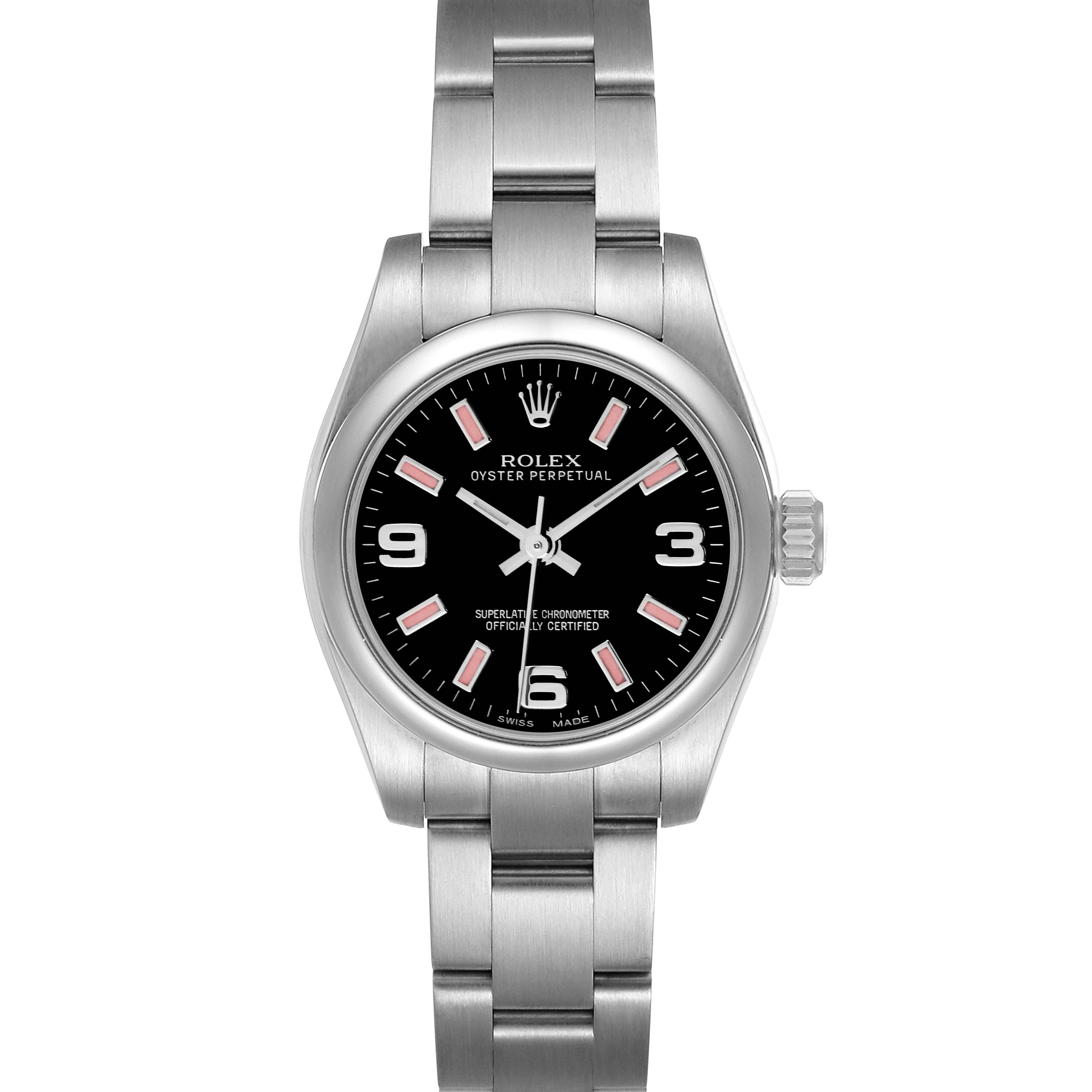 The Rolex Oyster Perpetual 176200 Women's Stainless Steel Black Dial 176200 Women's Stainless Steel Black Dial watch is shown from a front angle, displaying its face, bezel, and part of the bracelet.