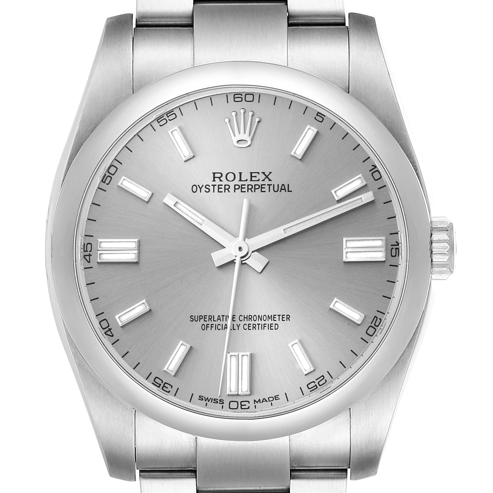 This image shows a front view of the Rolex Oyster Perpetual 116000 Men's Stainless Steel Grey Dial 116000 Men's Stainless Steel Grey Dial watch, highlighting its dial, hands, bezel, and part of the bracelet.