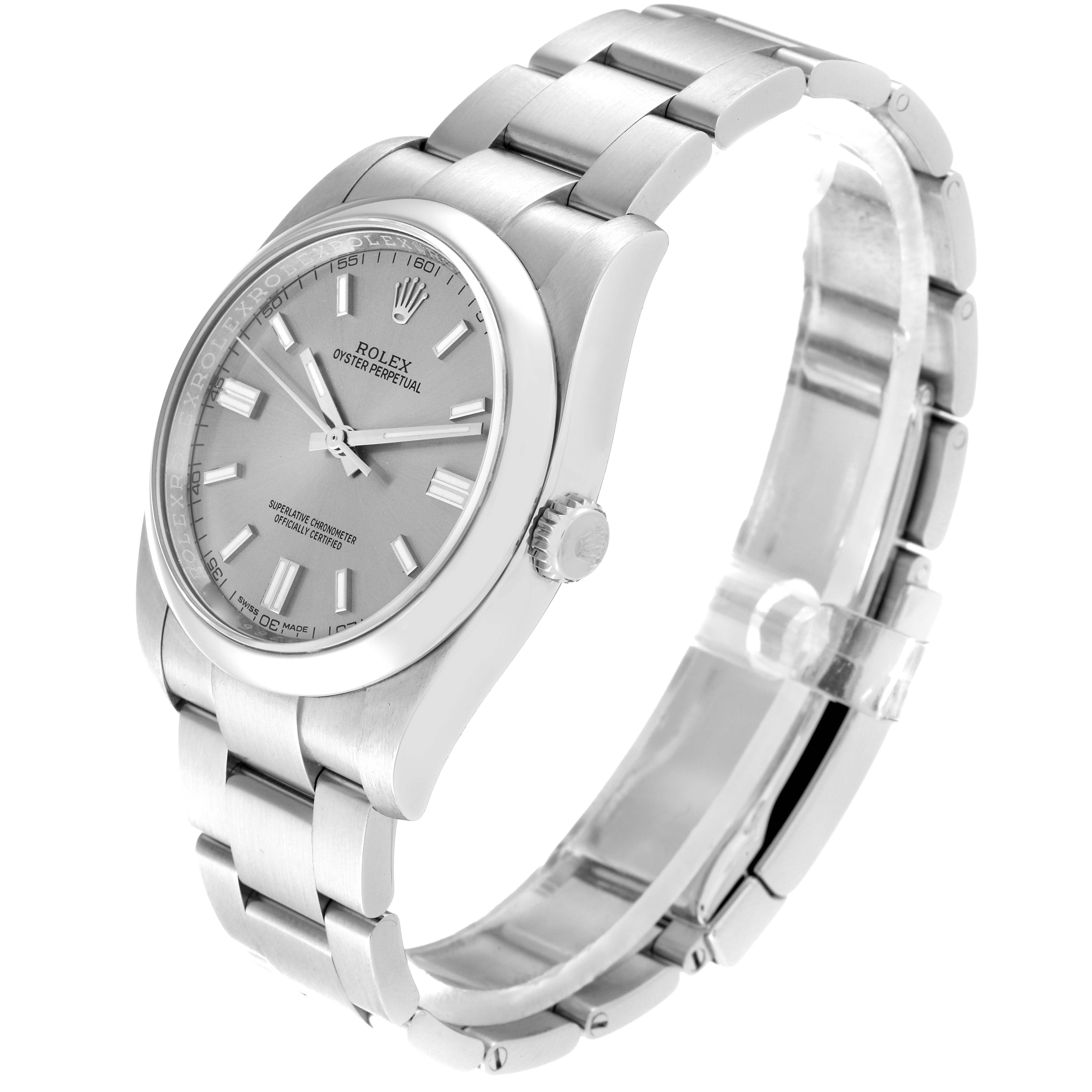 This image shows a side angle of a Rolex Oyster Perpetual 116000 Men's Stainless Steel Grey Dial 116000 Men's Stainless Steel Grey Dial watch, highlighting the dial, bezel, bracelet, and crown.