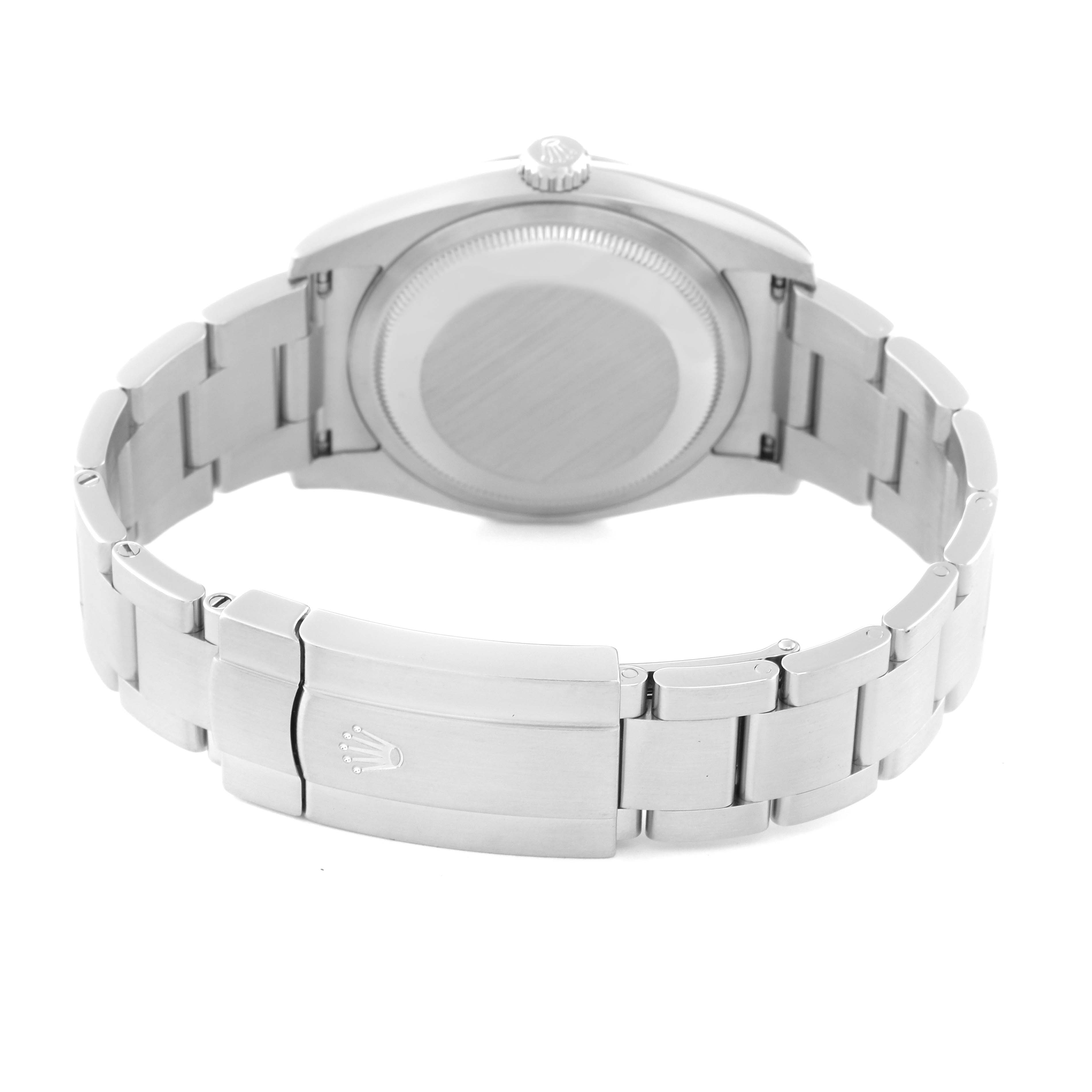 The image shows the back view of a Rolex Oyster Perpetual 116000 Men's Stainless Steel Grey Dial 116000 Men's Stainless Steel Grey Dial watch, highlighting the case back and bracelet clasp.