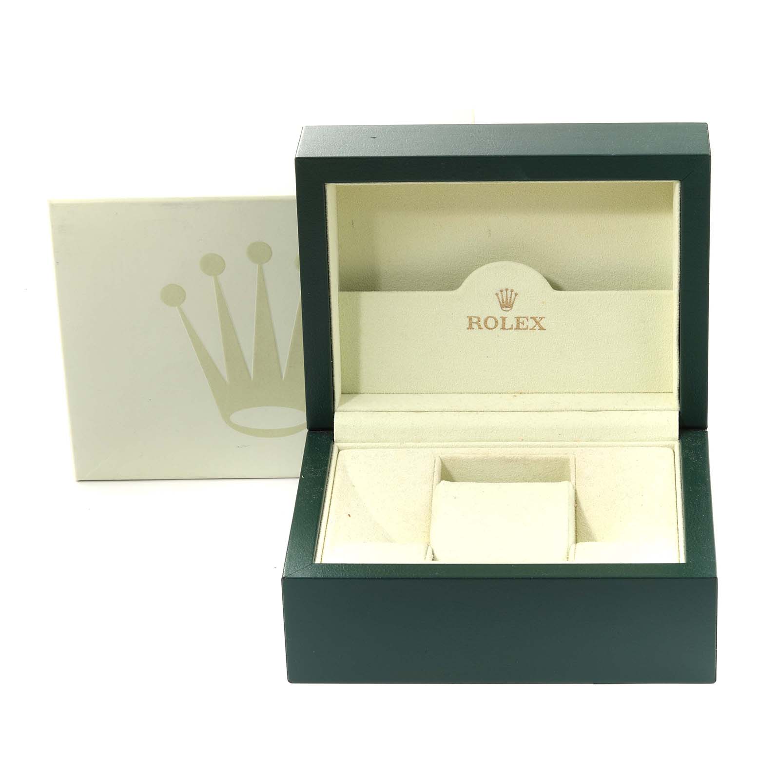 The image shows an open green Rolex box for the Oyster Perpetual model, displaying its inner cushion and compartment, along with a white outer box.