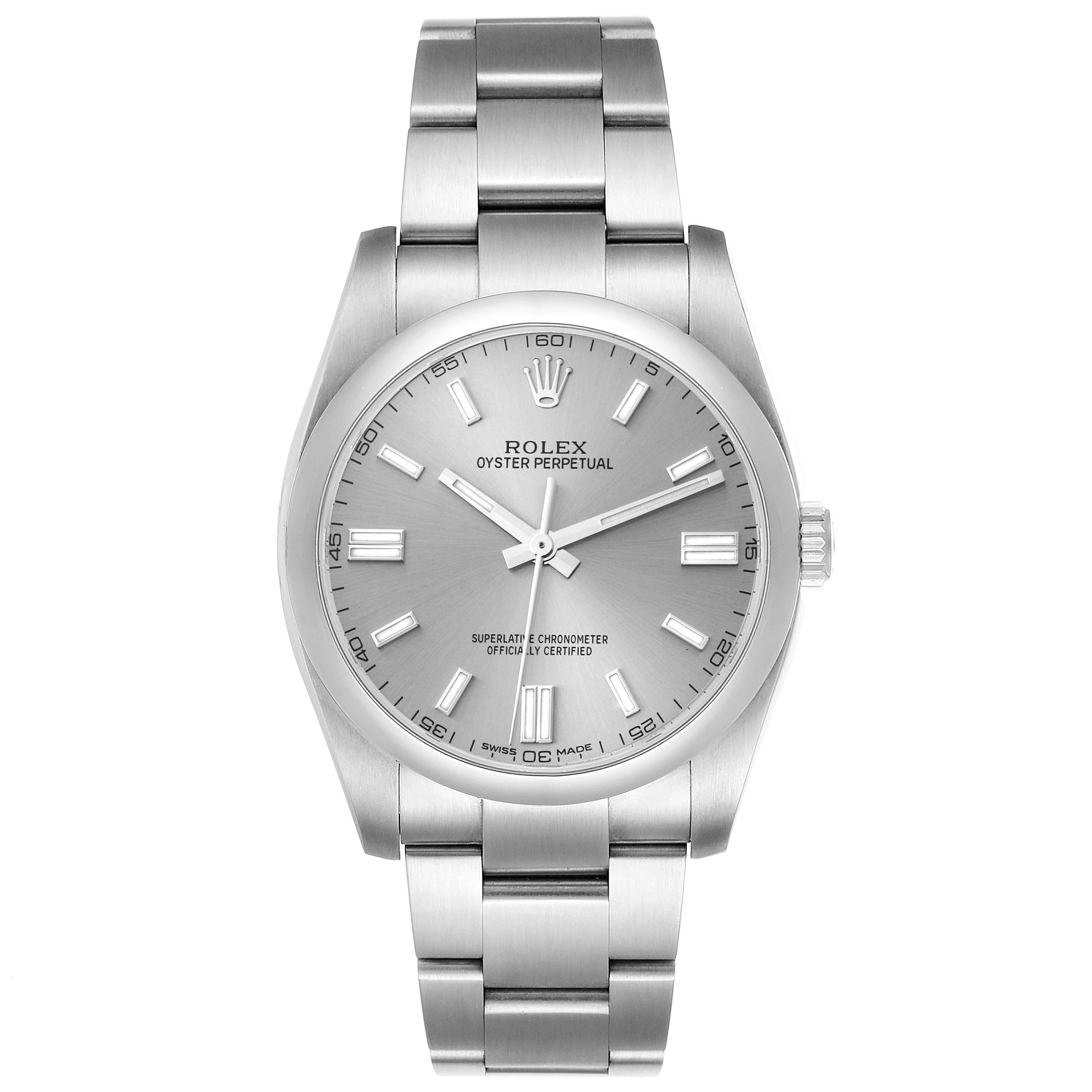 The image shows a front-facing angle of a Rolex Oyster Perpetual 116000 Men's Stainless Steel Grey Dial 116000 Men's Stainless Steel Grey Dial watch, displaying the dial, case, and bracelet.