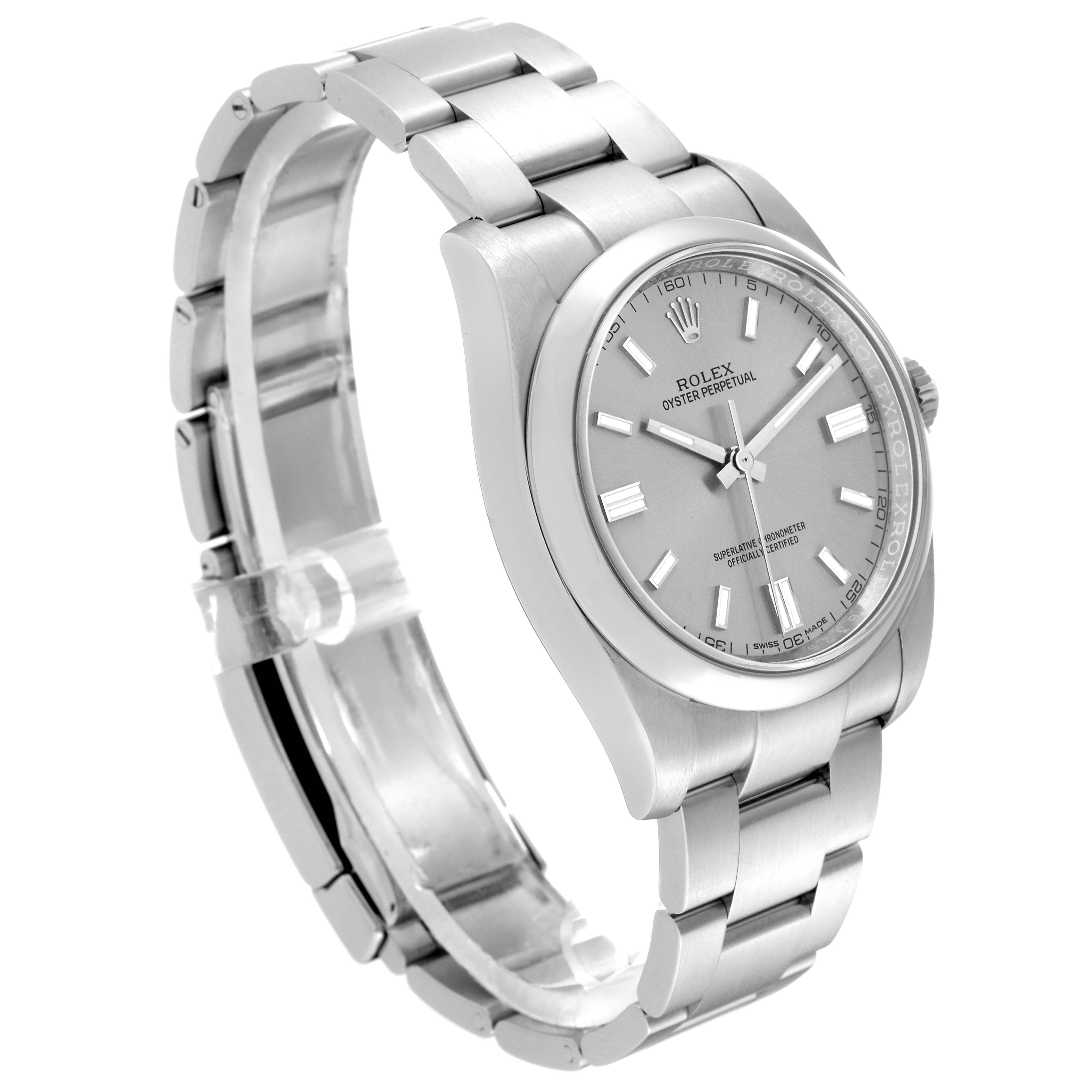 This image shows a side angle view of a Rolex Oyster Perpetual 116000 Men's Stainless Steel Grey Dial 116000 Men's Stainless Steel Grey Dial watch, highlighting its silver dial and stainless steel bracelet.