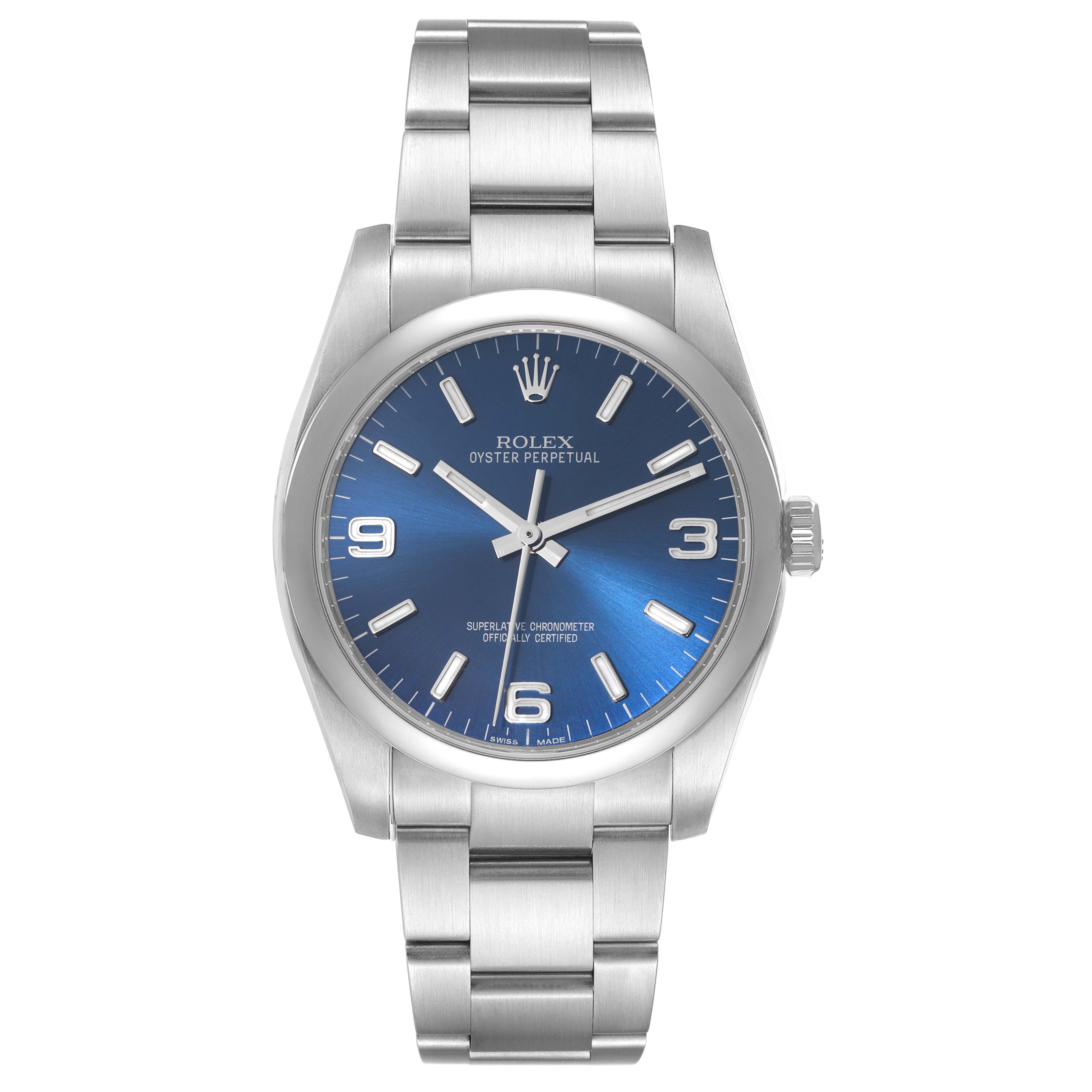 The image shows a front view of a Rolex Oyster Perpetual 116000 Men's Stainless Steel Blue Dial 116000 Men's Stainless Steel Blue Dial watch with a blue dial and silver bracelet.