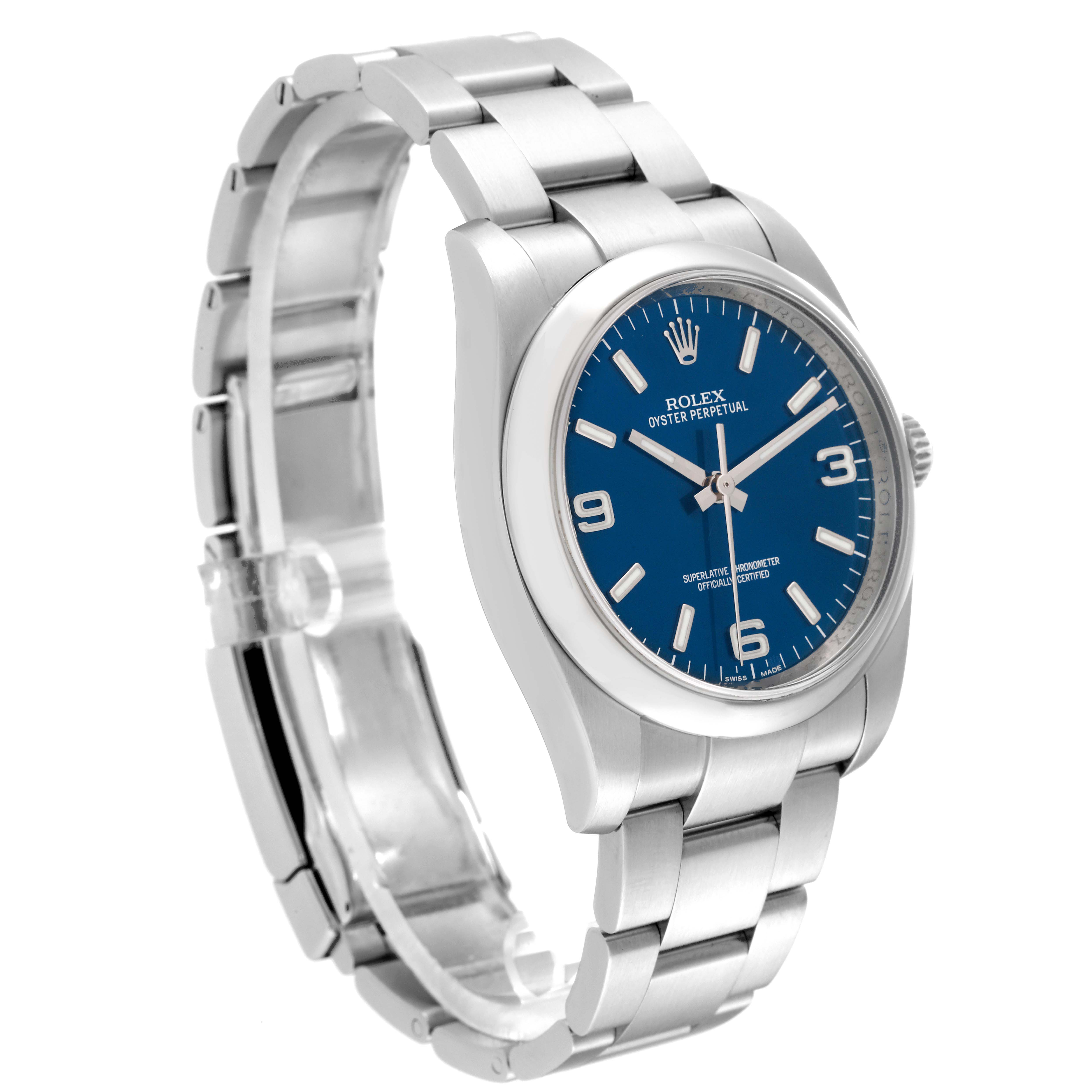 The image shows a Rolex Oyster Perpetual 116000 Men's Stainless Steel Blue Dial 116000 Men's Stainless Steel Blue Dial watch at a slight side angle, displaying the blue dial and stainless steel bracelet.