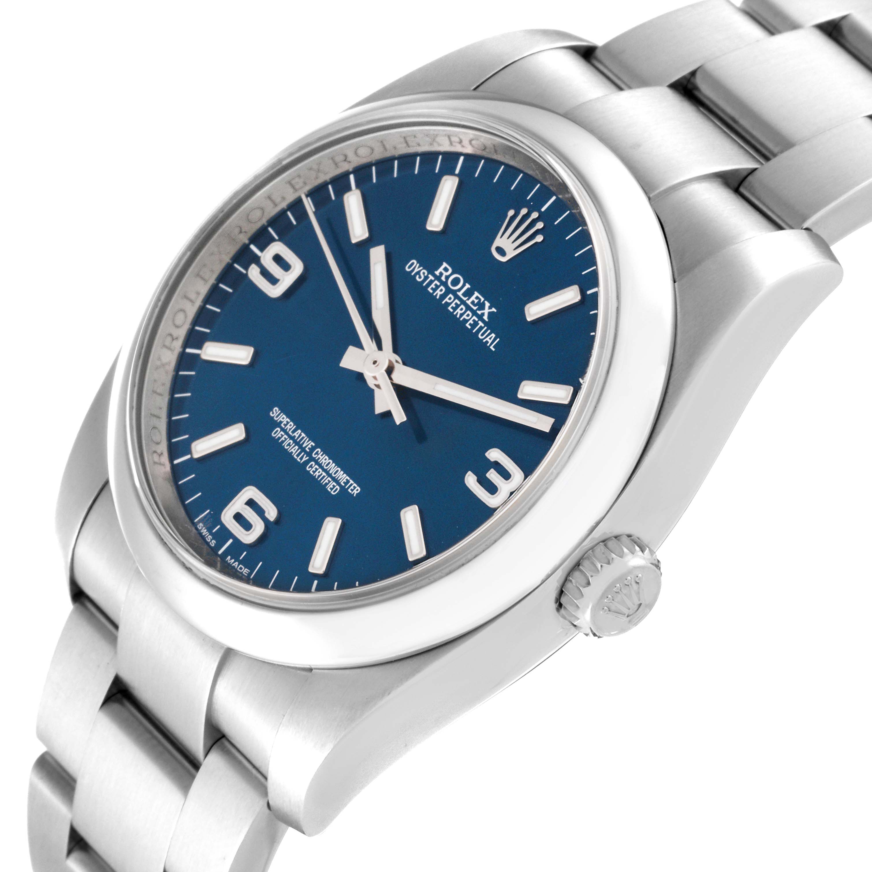The image shows a close-up side angle of the Rolex Oyster Perpetual 116000 Men's Stainless Steel Blue Dial 116000 Men's Stainless Steel Blue Dial watch, highlighting the face and bracelet.