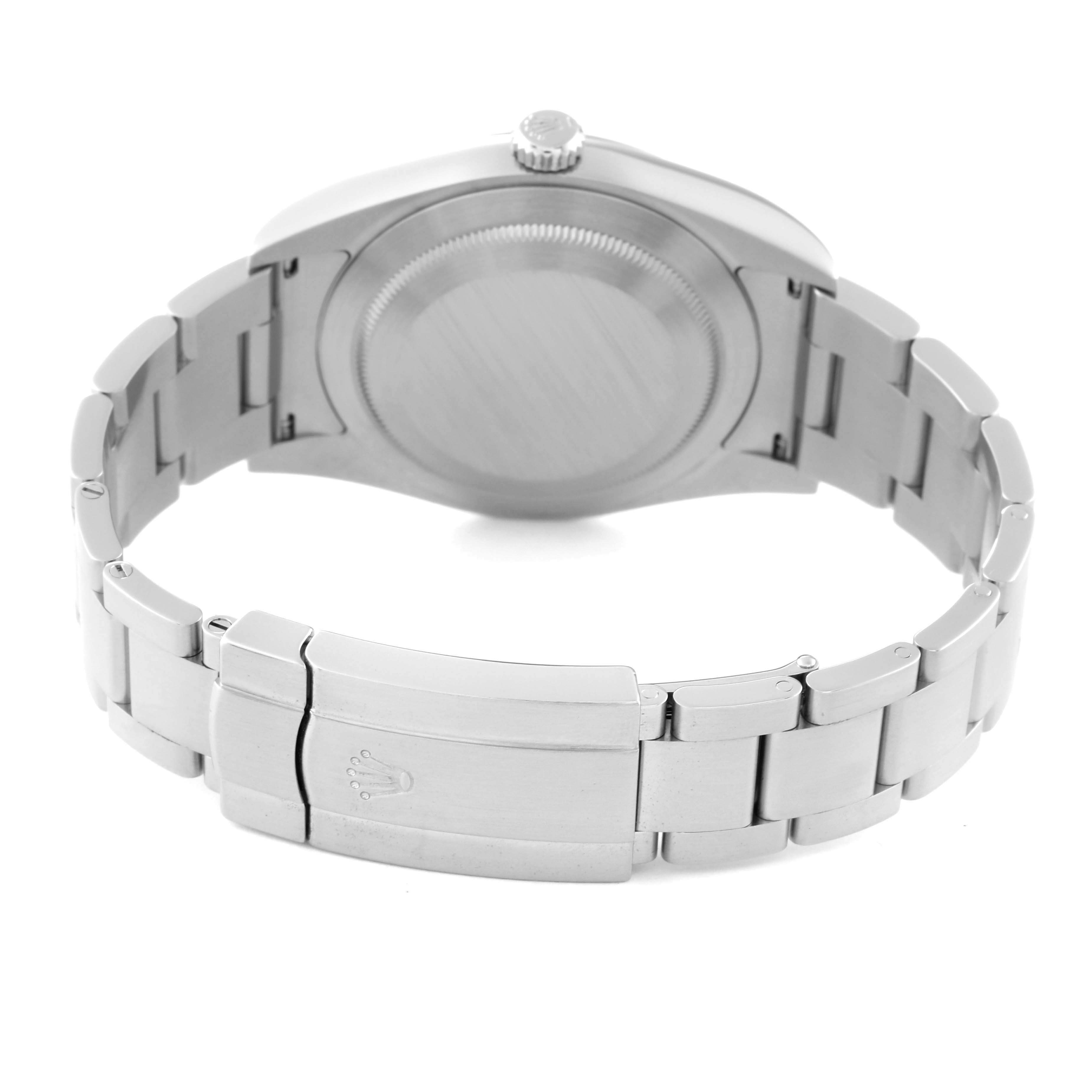 This image shows the back view of a Rolex Oyster Perpetual 114300 Men's Stainless Steel Blue Dial 114300 Men's Stainless Steel Blue Dial watch, highlighting the case back, bracelet, and clasp.