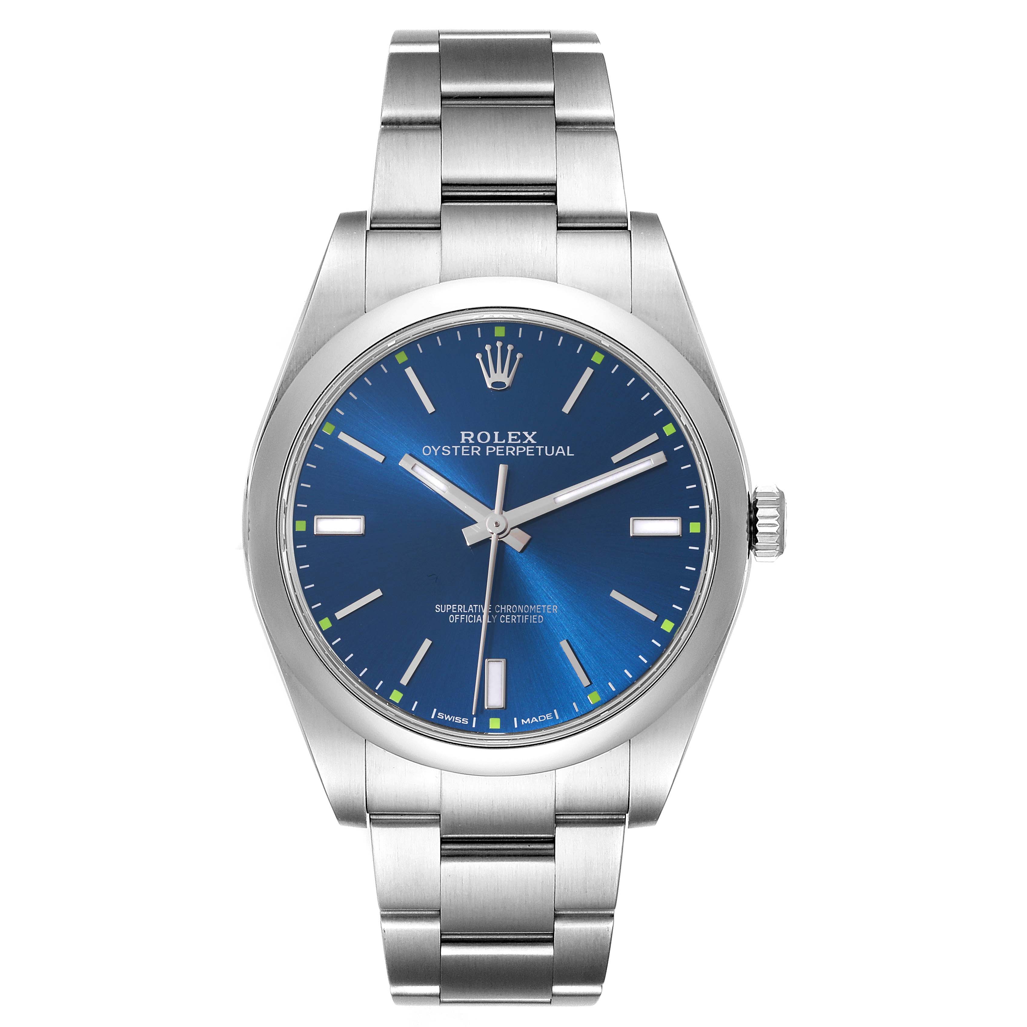 This image shows a front view of a Rolex Oyster Perpetual 114300 Men's Stainless Steel Blue Dial 114300 Men's Stainless Steel Blue Dial watch with a blue dial and silver bracelet.