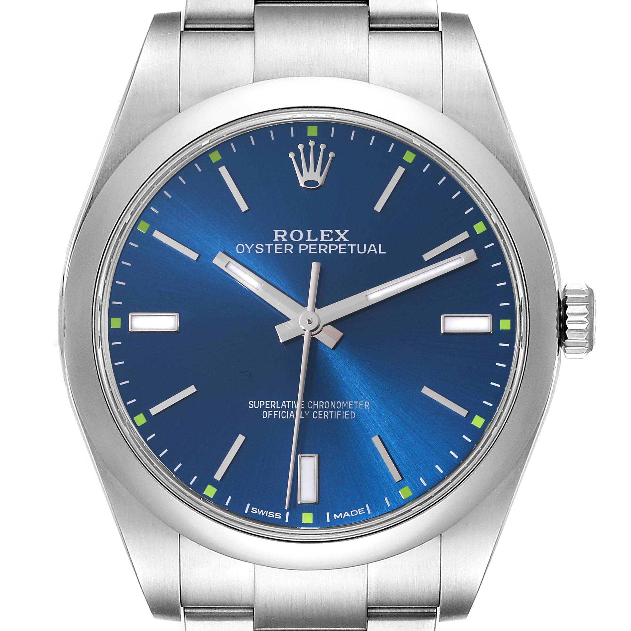 The Rolex Oyster Perpetual 114300 Men's Stainless Steel Blue Dial 114300 Men's Stainless Steel Blue Dial watch is shown from a front angle, displaying its blue dial, case, crown, and upper bracelet links.