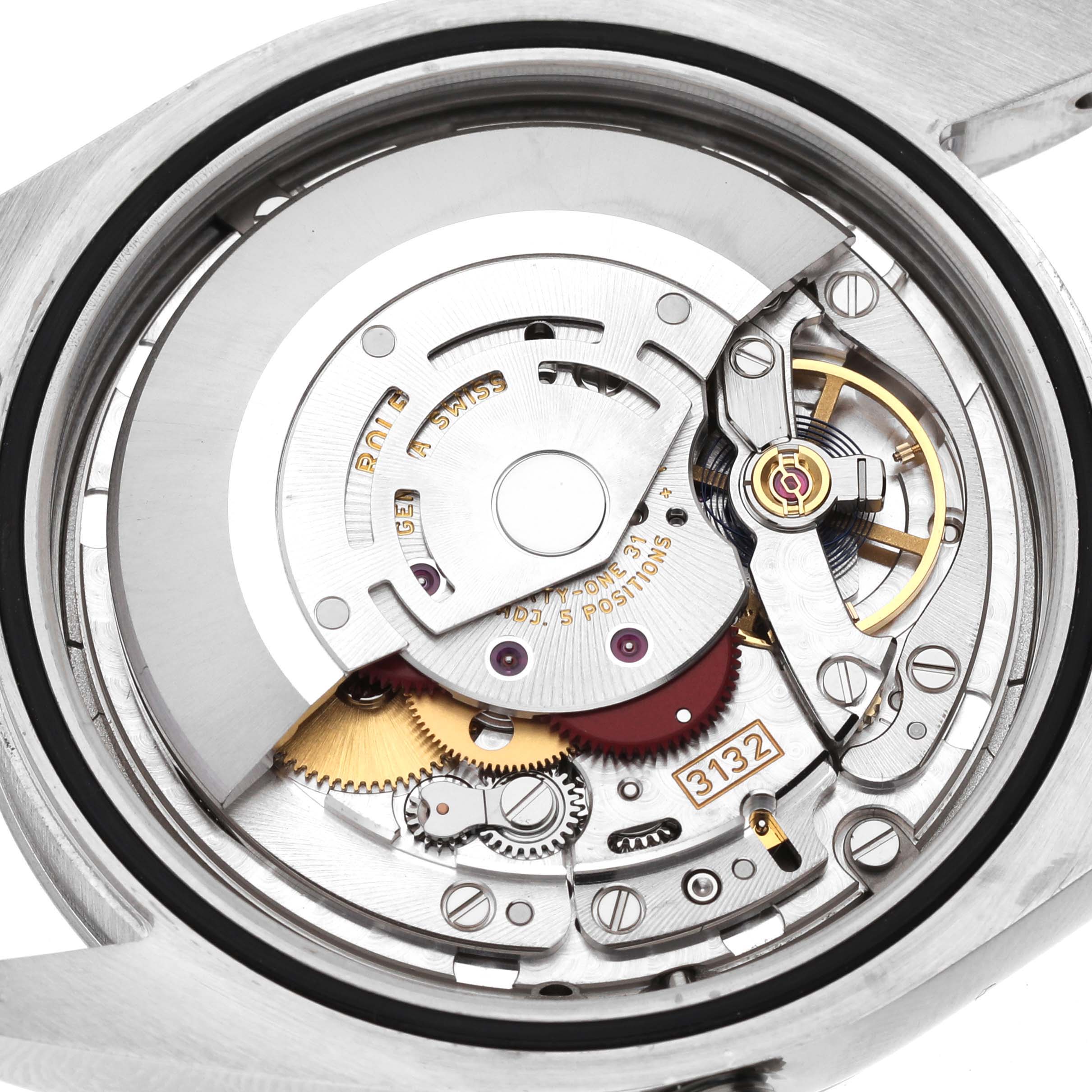 This image shows the inner mechanical movement of the Rolex Oyster Perpetual 114300 Men's Stainless Steel Blue Dial 114300 Men's Stainless Steel Blue Dial watch, captured from a clear caseback angle.